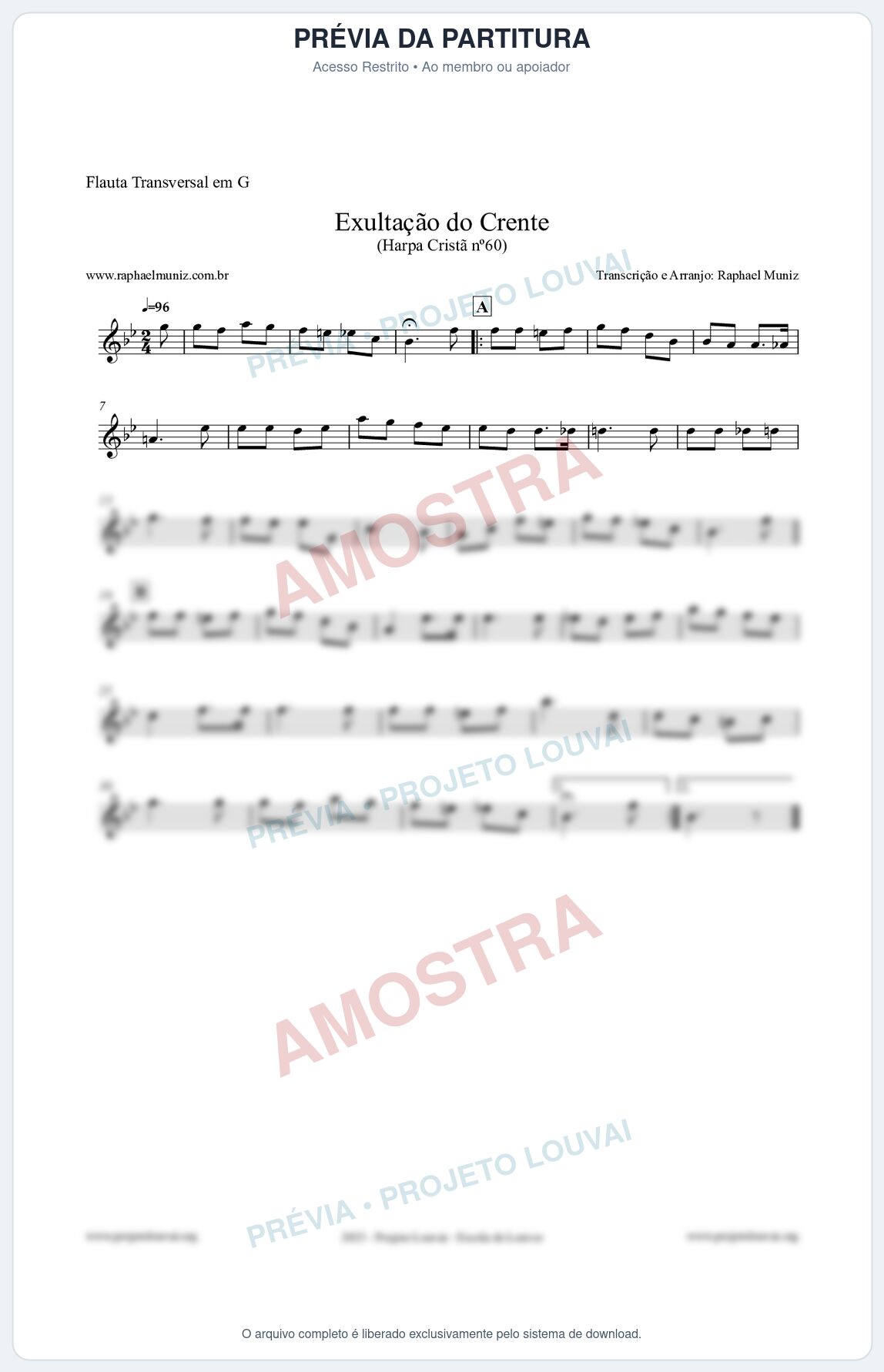 Prévia protegida da primeira página da partitura Partitura para Flauta Transversal em G - Exultação do Crente - Harpa Cristã nº60 - Clássicos do Gospel