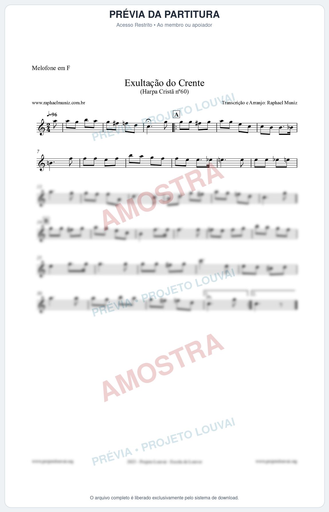 Prévia protegida da primeira página da partitura Partitura para Melofone em F - Exultação do Crente - Harpa Cristã nº60 - Clássicos do Gospel