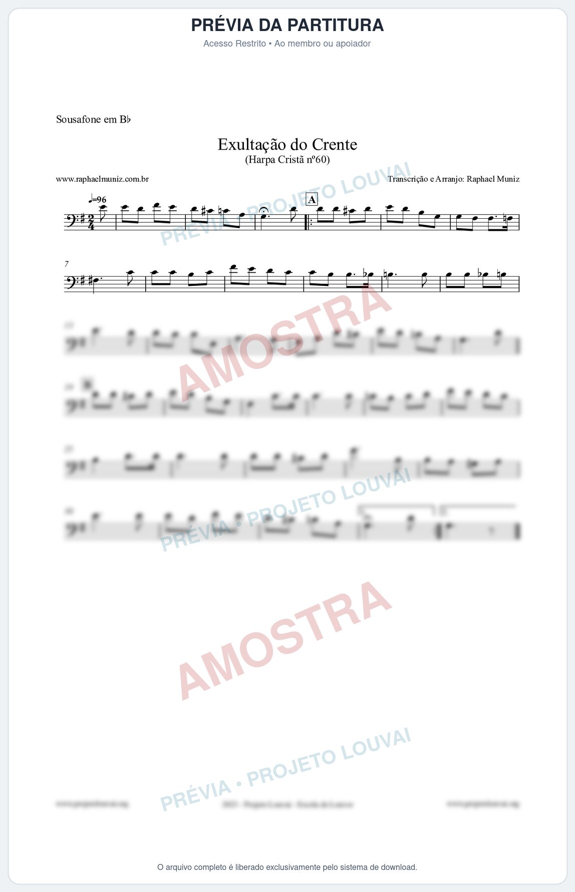 Prévia protegida da primeira página da partitura Partitura para Sousafone em Bb - Exultação do Crente - Harpa Cristã nº60 - Clássicos do Gospel
