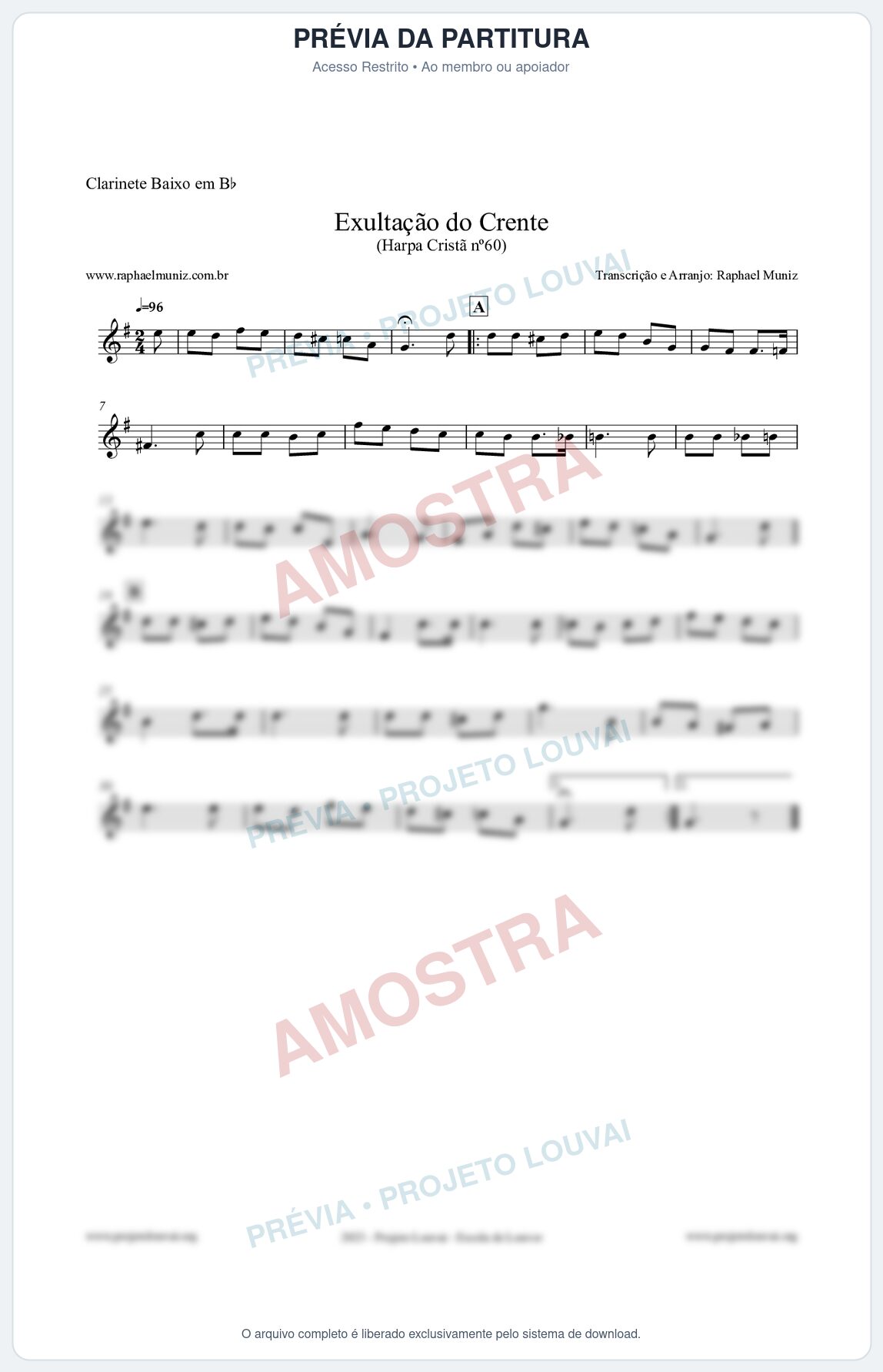 Prévia protegida da primeira página da partitura Partitura para Clarinete Baixo em Bb - Exultação do Crente - Harpa Cristã nº60 - Clássicos do Gospel