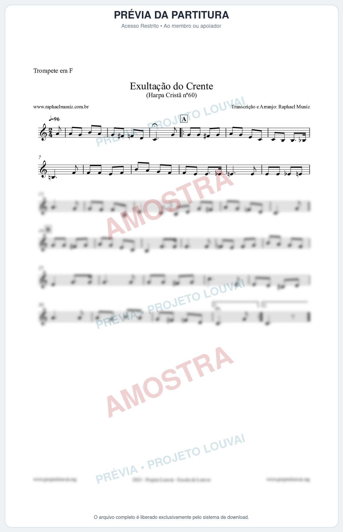 Prévia protegida da primeira página da partitura Partitura para Trompete em F - Exultação do Crente - Harpa Cristã nº60 - Clássicos do Gospel