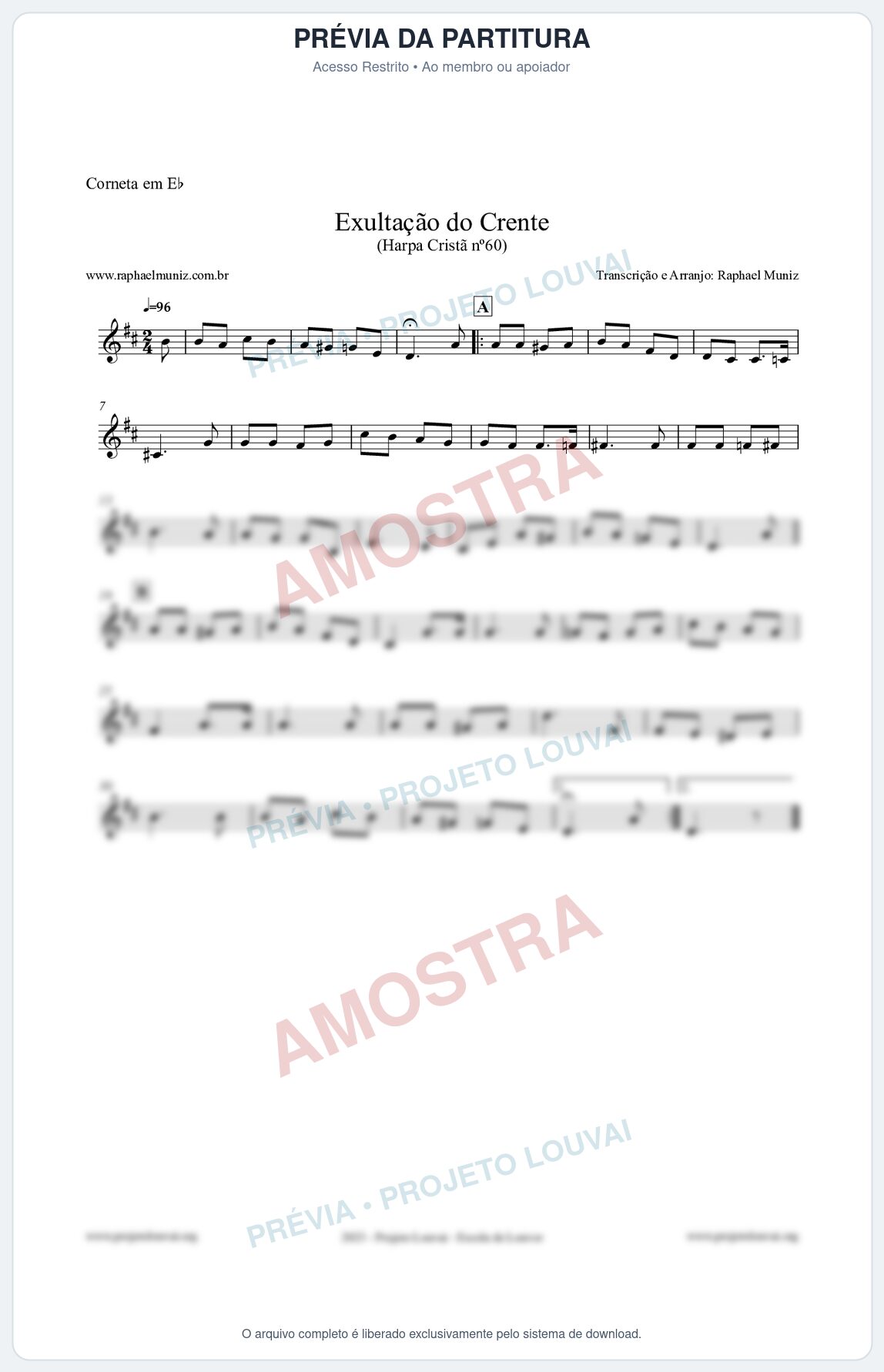 Prévia protegida da primeira página da partitura Partitura para Corneta em Eb - Exultação do Crente - Harpa Cristã nº60 - Clássicos do Gospel