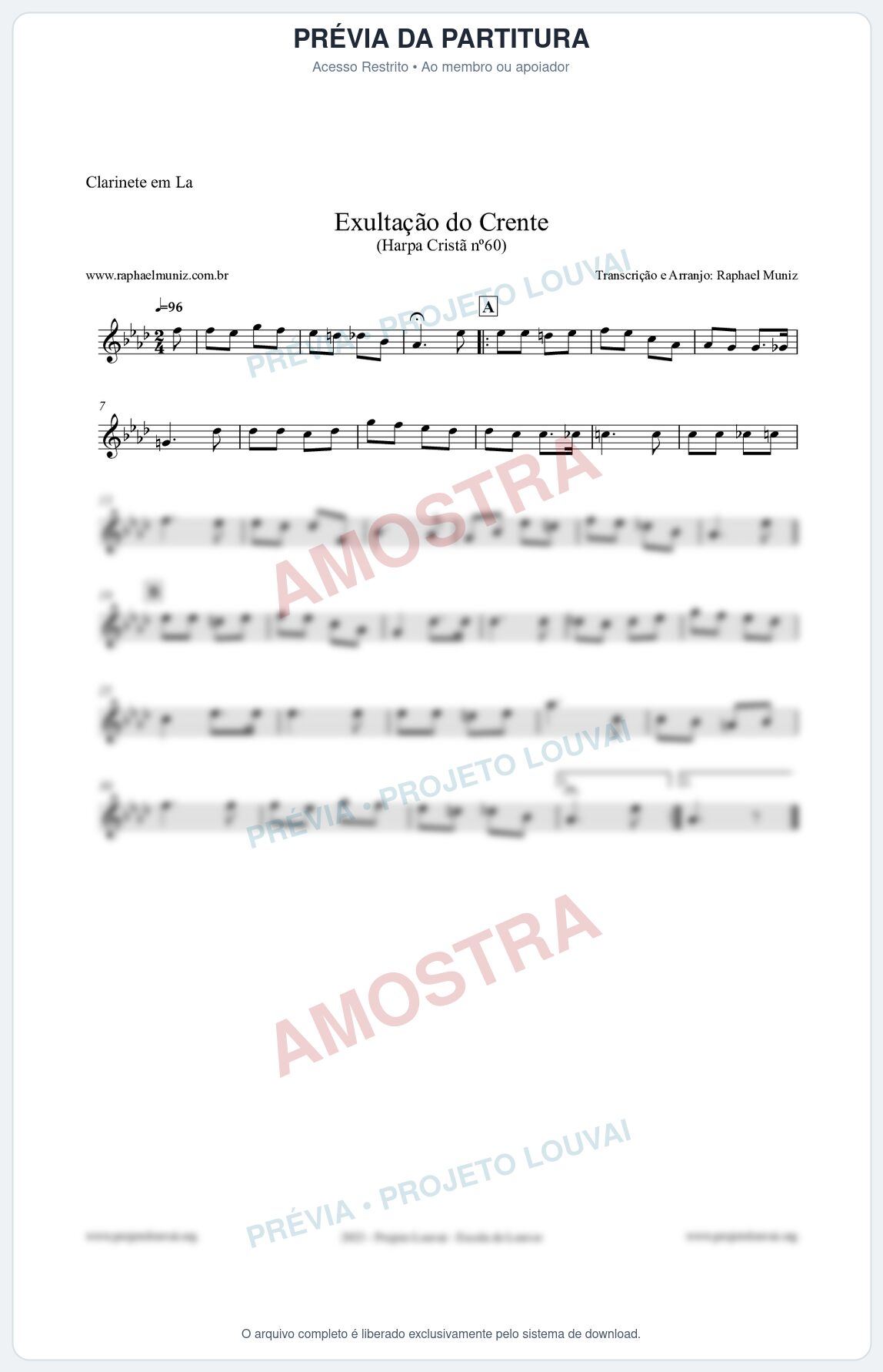 Prévia protegida da primeira página da partitura Partitura para Clarinete em Lá - Exultação do Crente - Harpa Cristã nº60 - Clássicos do Gospel