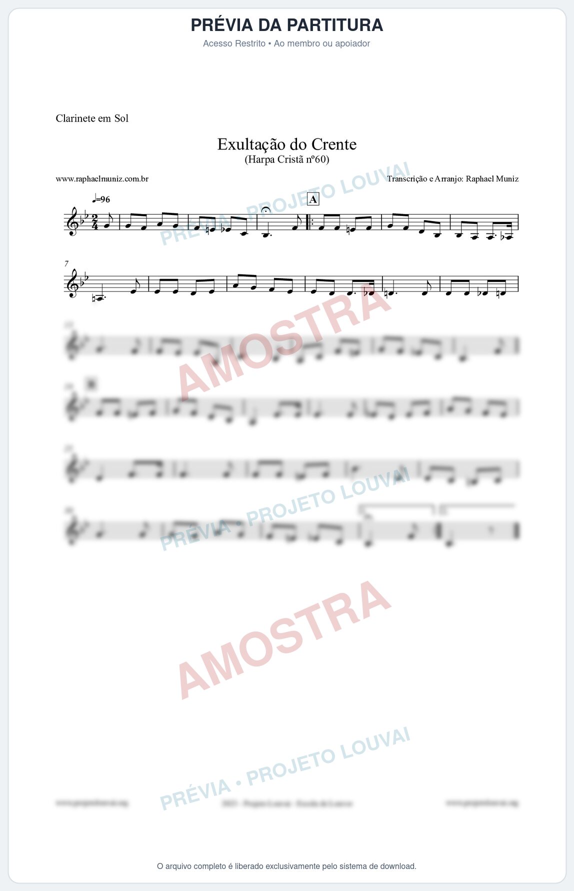 Prévia protegida da primeira página da partitura Partitura para Clarinete em Sol - Exultação do Crente - Harpa Cristã nº60 - Clássicos do Gospel
