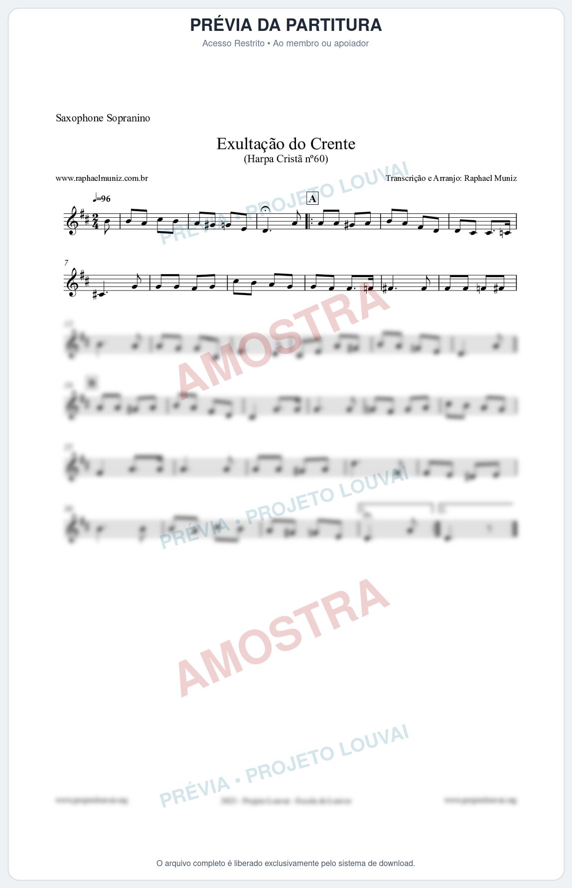 Prévia protegida da primeira página da partitura Partitura para Saxophone Sopranino - Exultação do Crente - Harpa Cristã nº60 - Clássicos do Gospel