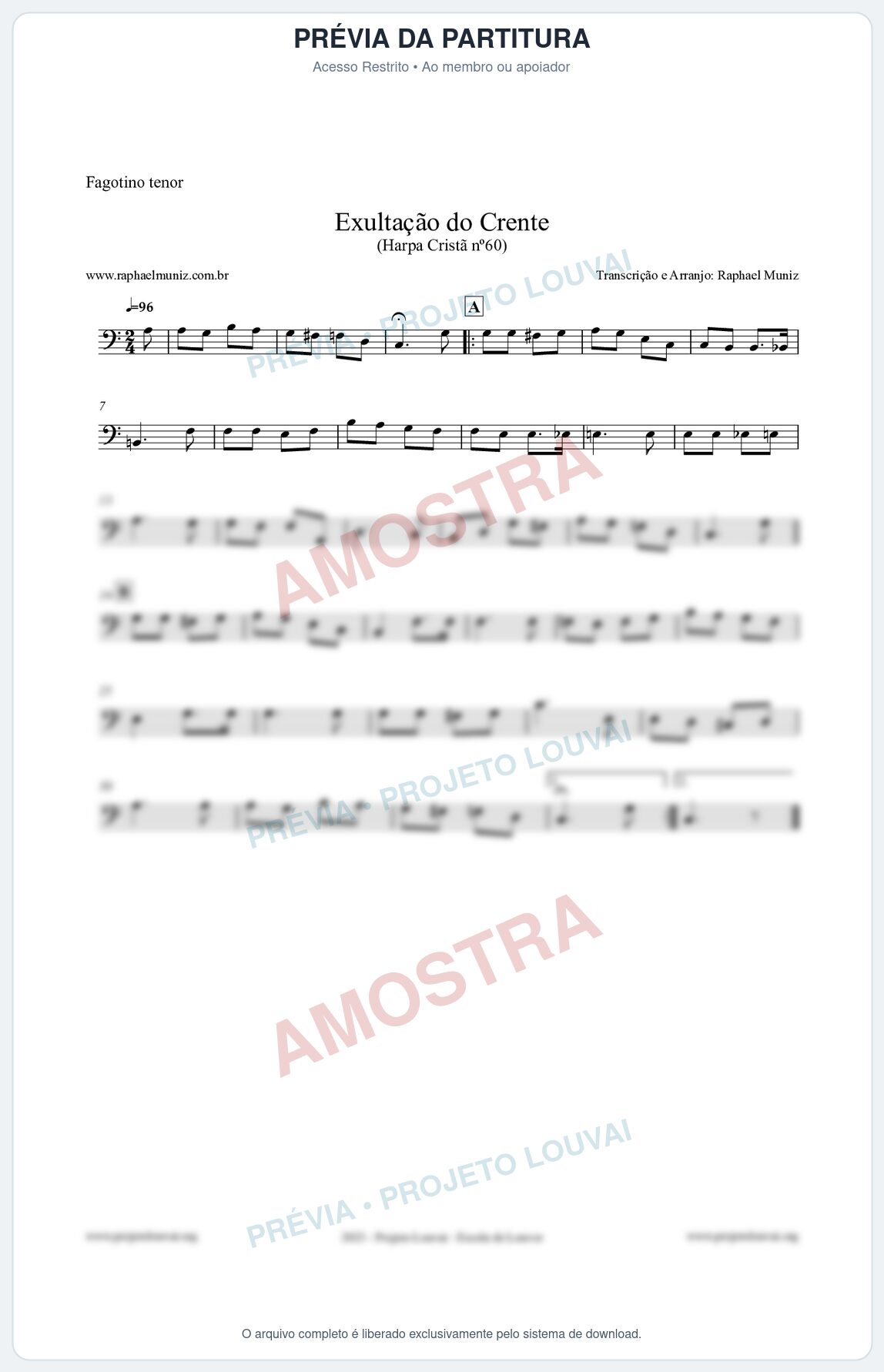 Prévia protegida da primeira página da partitura Partitura para Fagotino tenor - Exultação do Crente - Harpa Cristã nº60 - Clássicos do Gospel