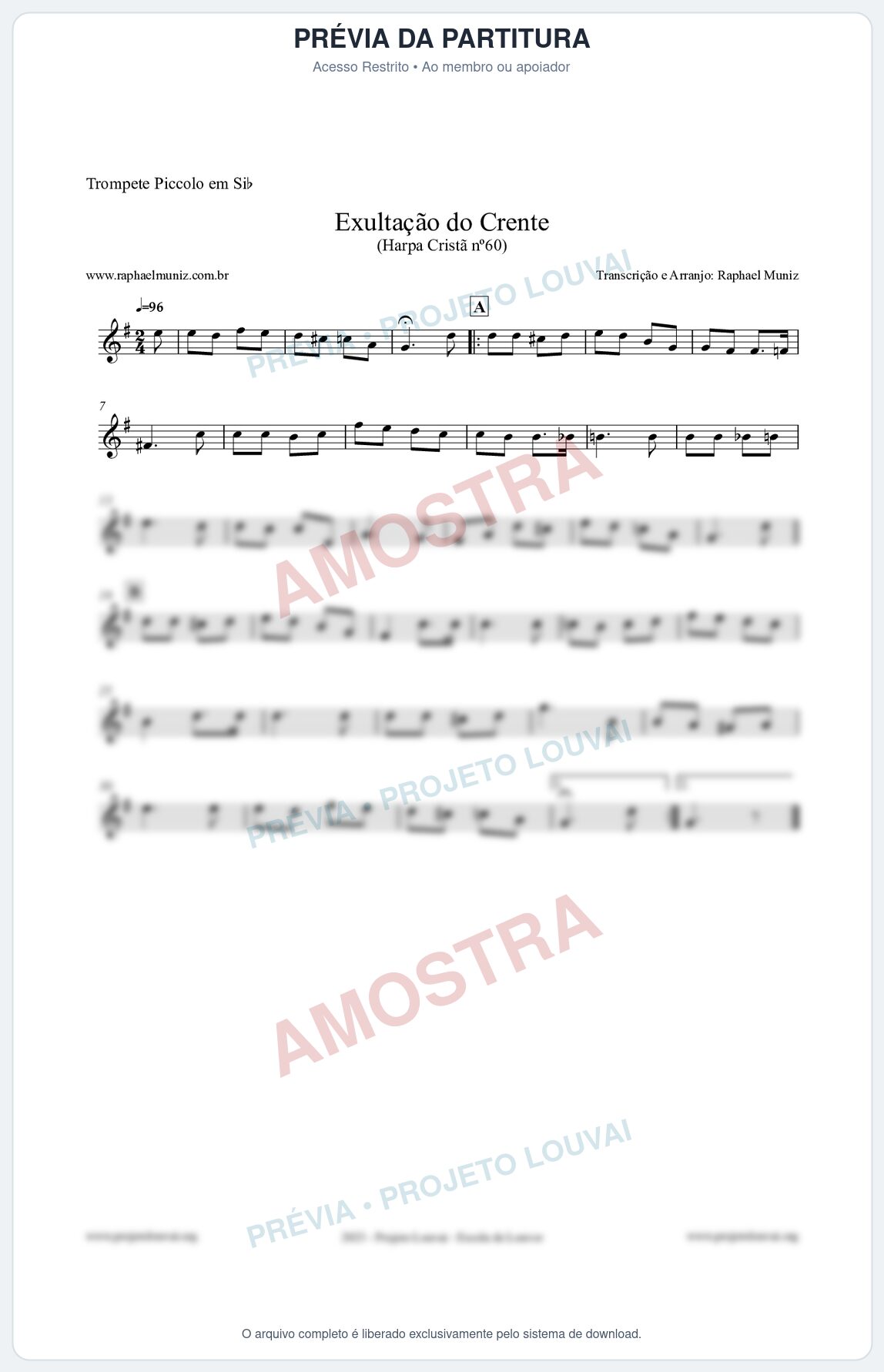 Prévia protegida da primeira página da partitura Partitura para Trompete Piccolo em Sib - Exultação do Crente - Harpa Cristã nº60 - Clássicos do Gospel
