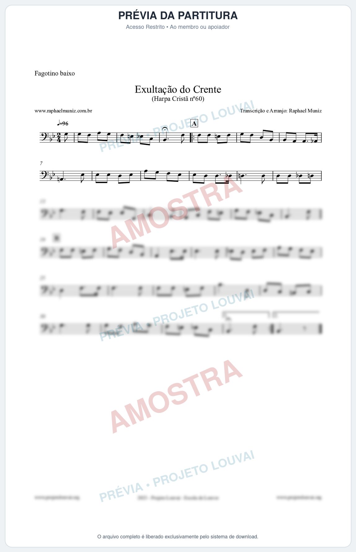 Prévia protegida da primeira página da partitura Partitura para Fagotino baixo - Exultação do Crente - Harpa Cristã nº60 - Clássicos do Gospel