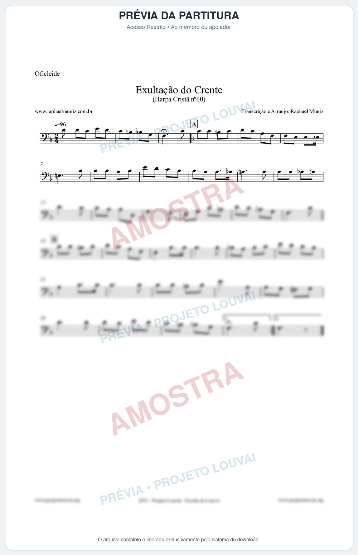 Prévia protegida da primeira página da partitura Partitura para Oficleide - Exultação do Crente - Harpa Cristã nº60 - Clássicos do Gospel