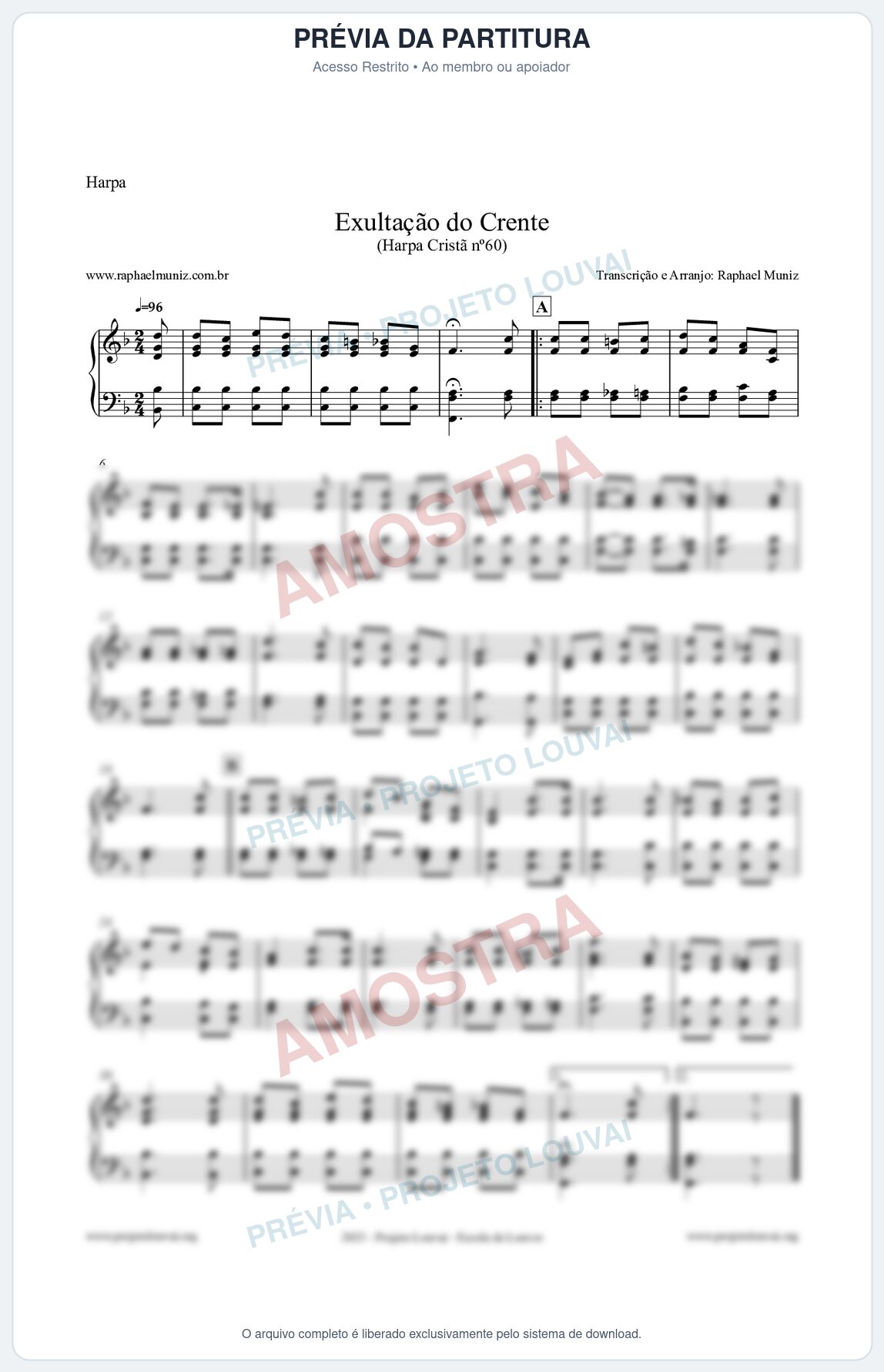 Prévia protegida da primeira página da partitura Partitura para Harpa - Exultação do Crente - Harpa Cristã nº60 - Clássicos do Gospel
