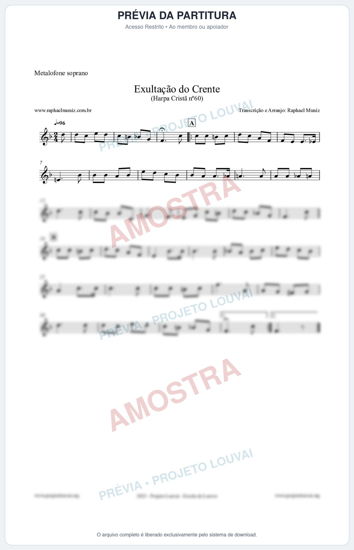 Prévia protegida da primeira página da partitura Partitura para Metalofone soprano - Exultação do Crente - Harpa Cristã nº60 - Clássicos do Gospel