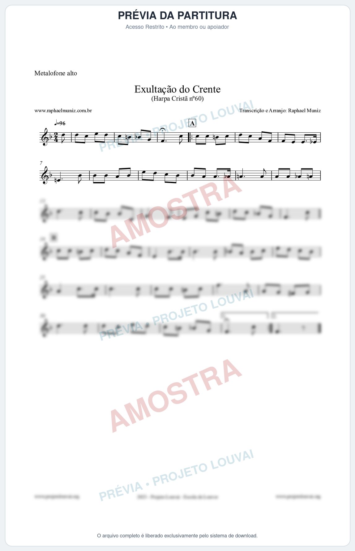 Prévia protegida da primeira página da partitura Partitura para Metalofone alto - Exultação do Crente - Harpa Cristã nº60 - Clássicos do Gospel