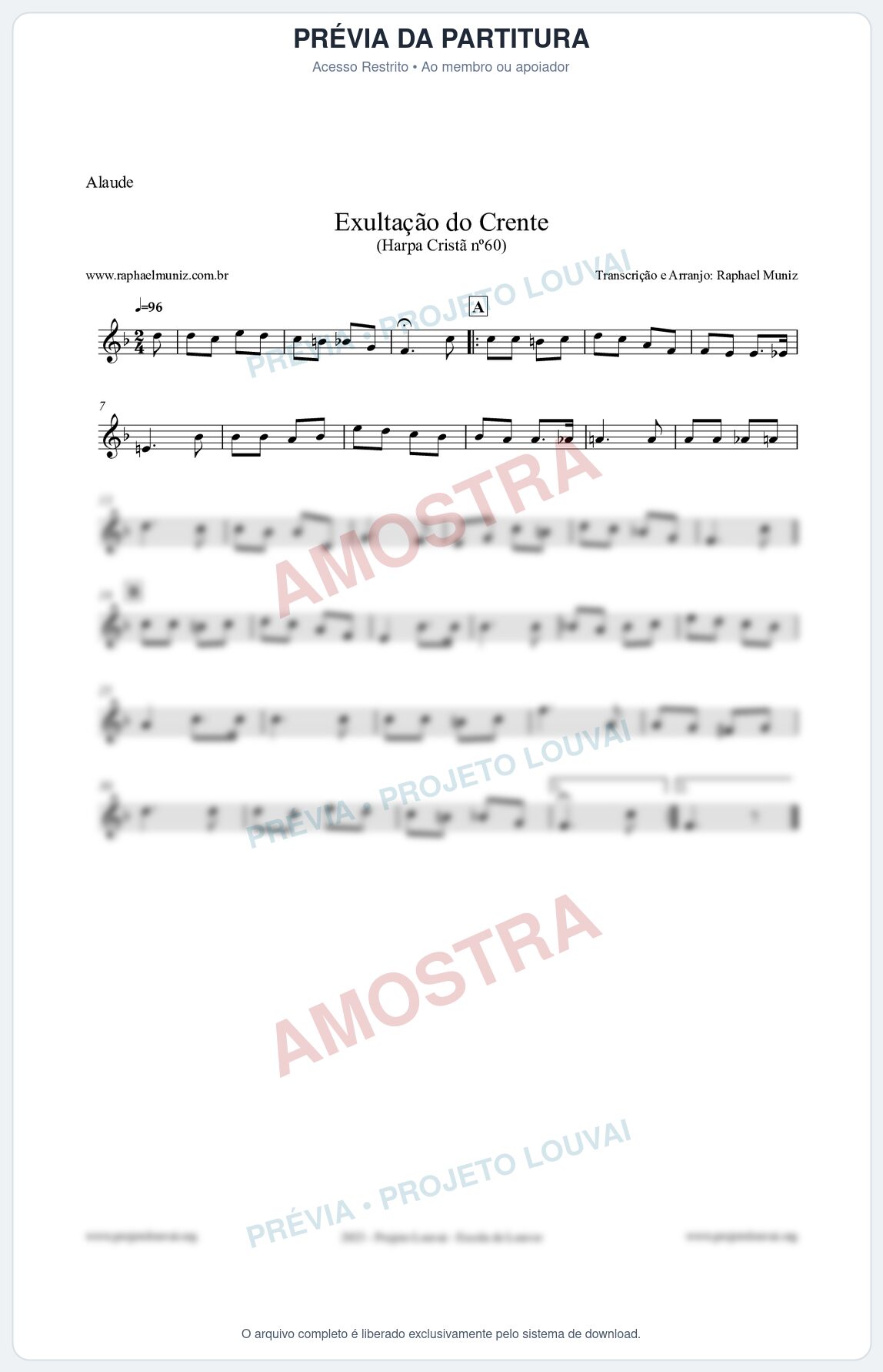 Prévia protegida da primeira página da partitura Partitura para Alaúde - Exultação do Crente - Harpa Cristã nº60 - Clássicos do Gospel
