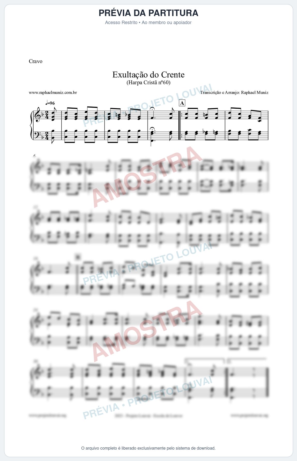 Prévia protegida da primeira página da partitura Partitura para Cravo - Exultação do Crente - Harpa Cristã nº60 - Clássicos do Gospel