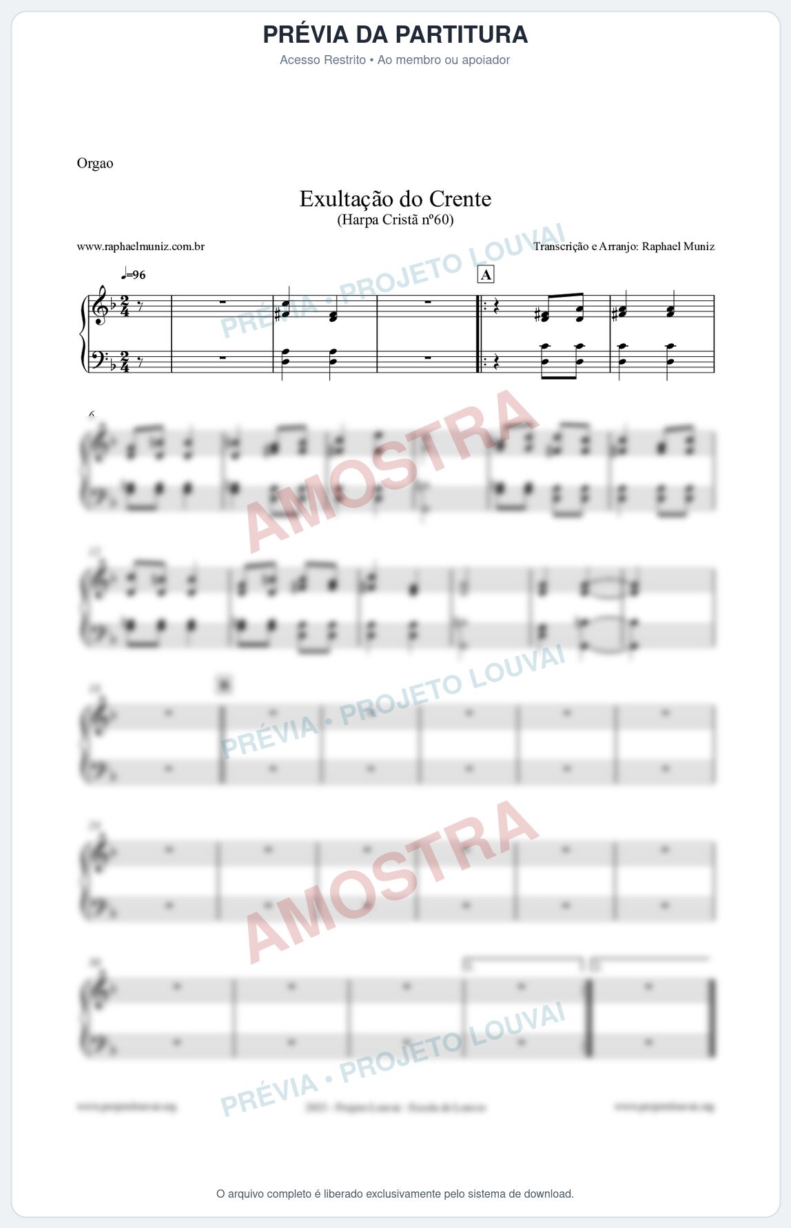 Prévia protegida da primeira página da partitura Partitura para Órgão - Exultação do Crente - Harpa Cristã nº60 - Clássicos do Gospel