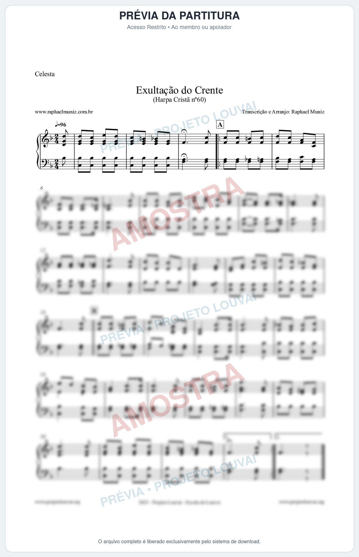 Prévia protegida da primeira página da partitura Partitura para Celesta - Exultação do Crente - Harpa Cristã nº60 - Clássicos do Gospel