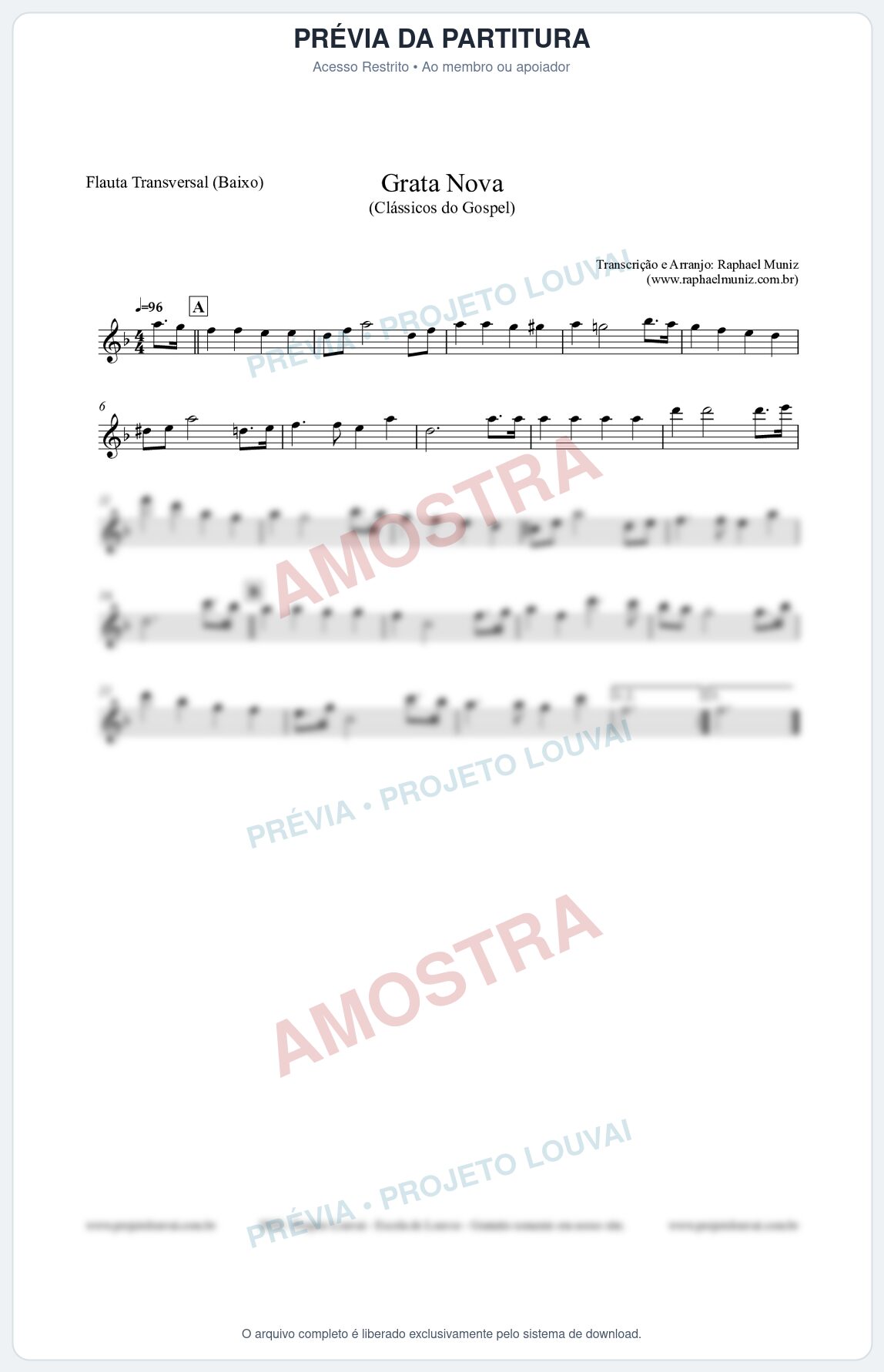 Prévia protegida da primeira página da partitura Partitura para Flauta Transversal (Baixo) - Grata Nova - Harpa Cristã 18 (Tom Dm) - Clássicos do Gospel