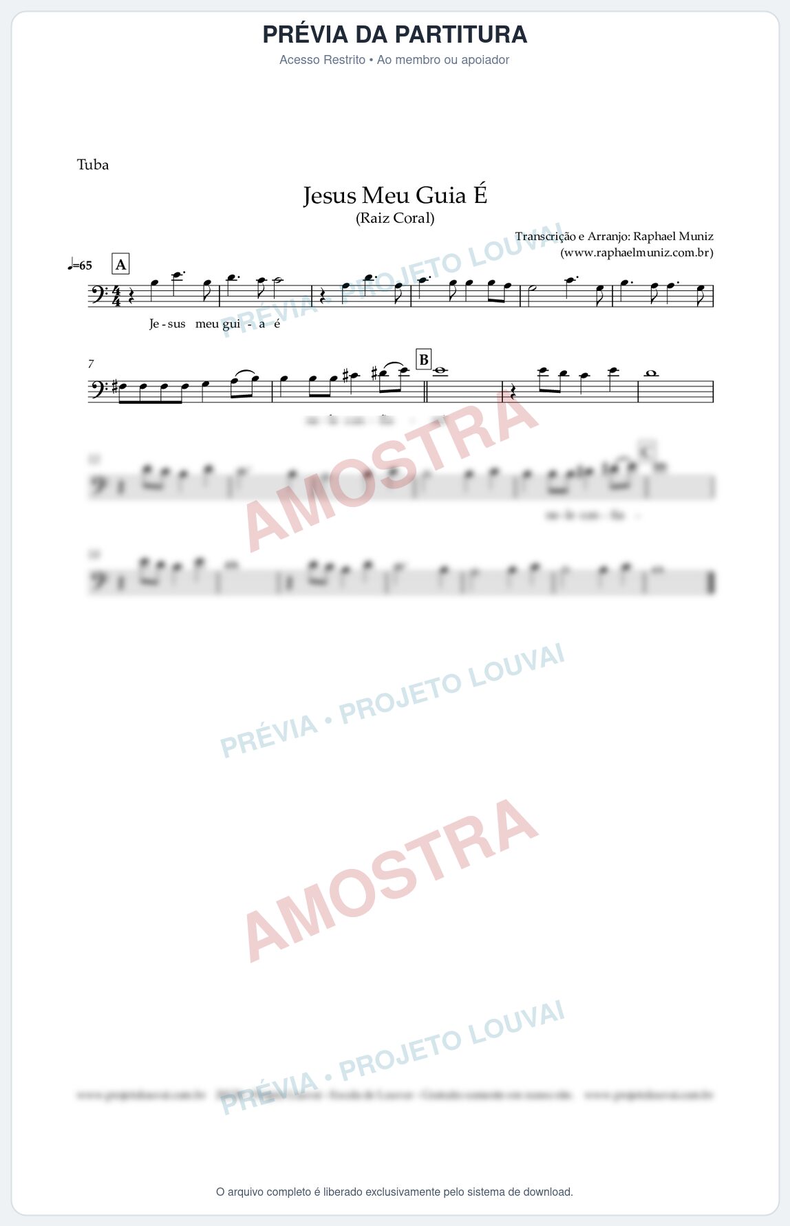Prévia protegida da primeira página da partitura Partitura para Tuba em Dó - Jesus Meu Guia É - Raiz Coral