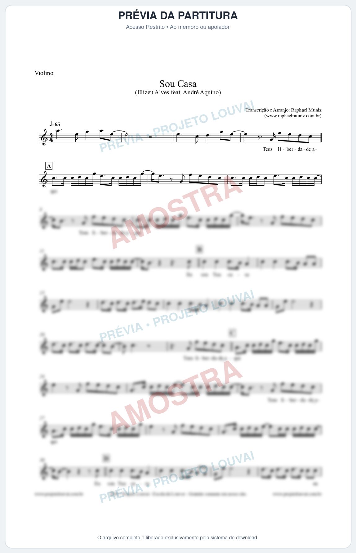 Prévia protegida da primeira página da partitura Partitura para Violino - Sou Casa (Tom C) - Elizeu Alves feat André Aquino