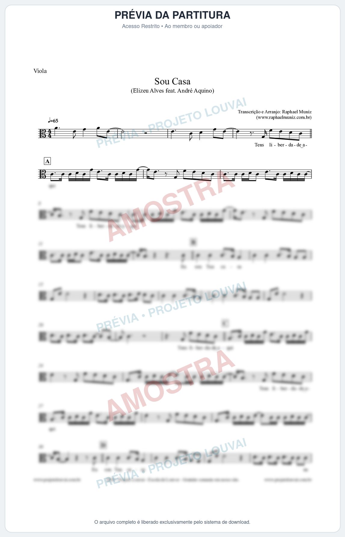 Prévia protegida da primeira página da partitura Partitura para Viola - Sou Casa (Tom C) - Elizeu Alves feat André Aquino
