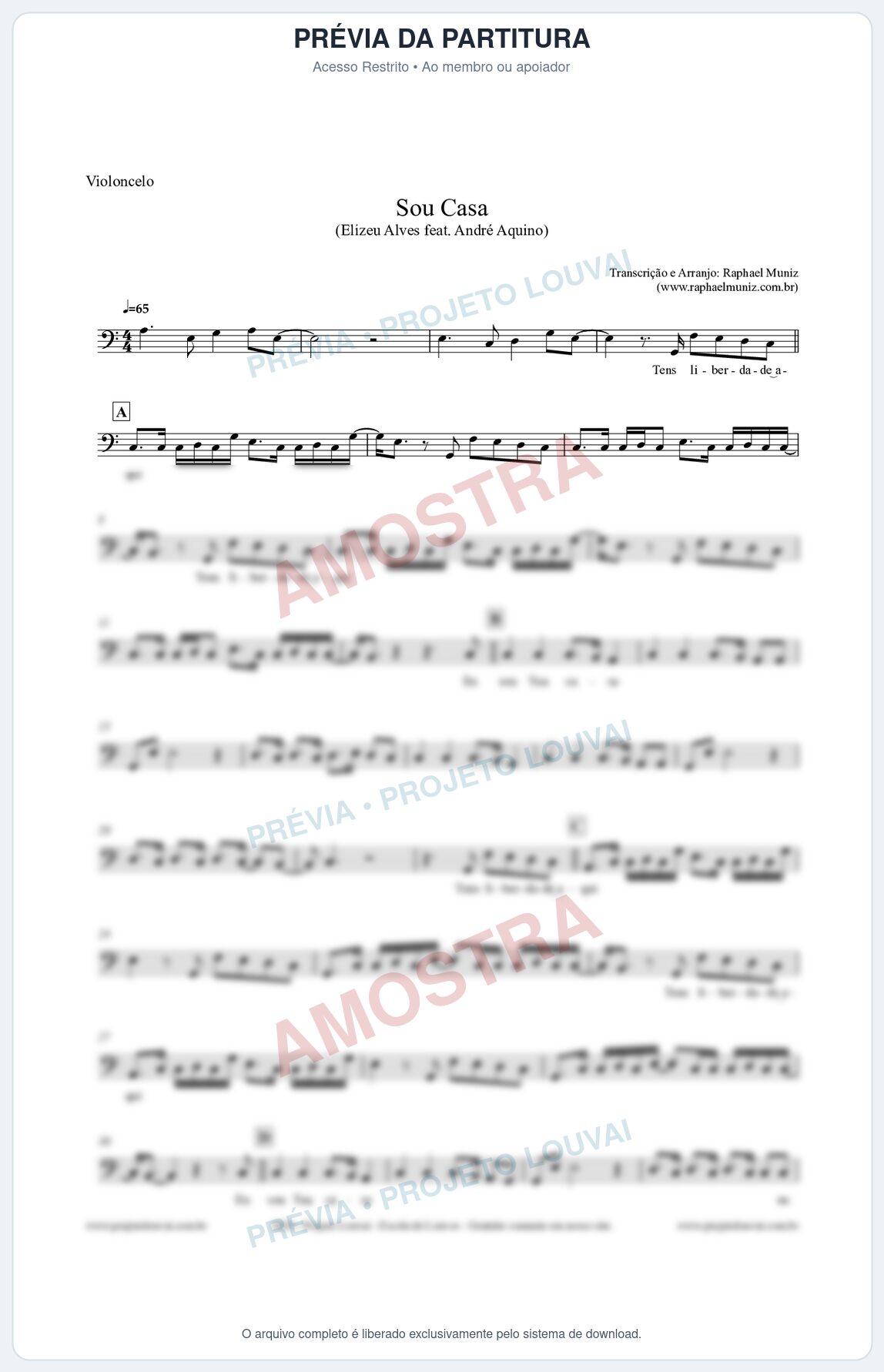 Prévia protegida da primeira página da partitura Partitura para Violoncelo - Sou Casa (Tom C) - Elizeu Alves feat André Aquino