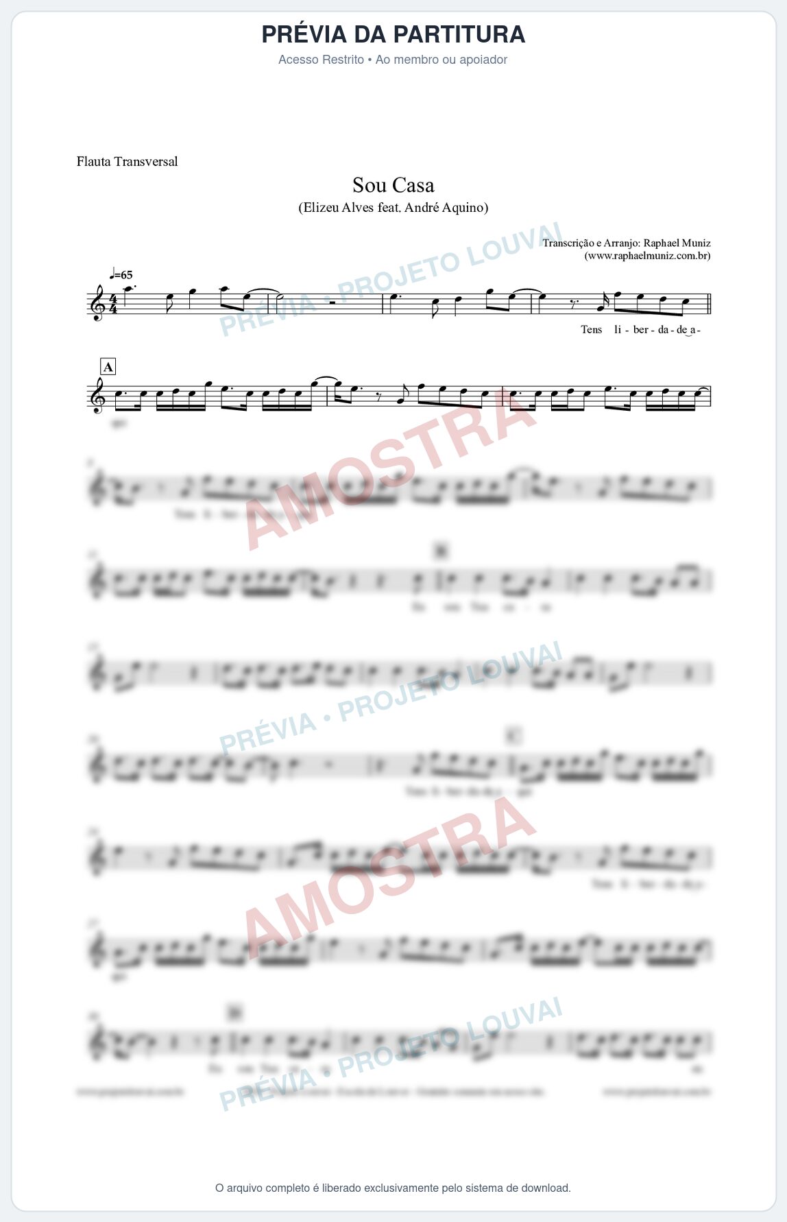 Prévia protegida da primeira página da partitura Partitura para Flauta Transversal - Sou Casa (Tom C) - Elizeu Alves feat André Aquino