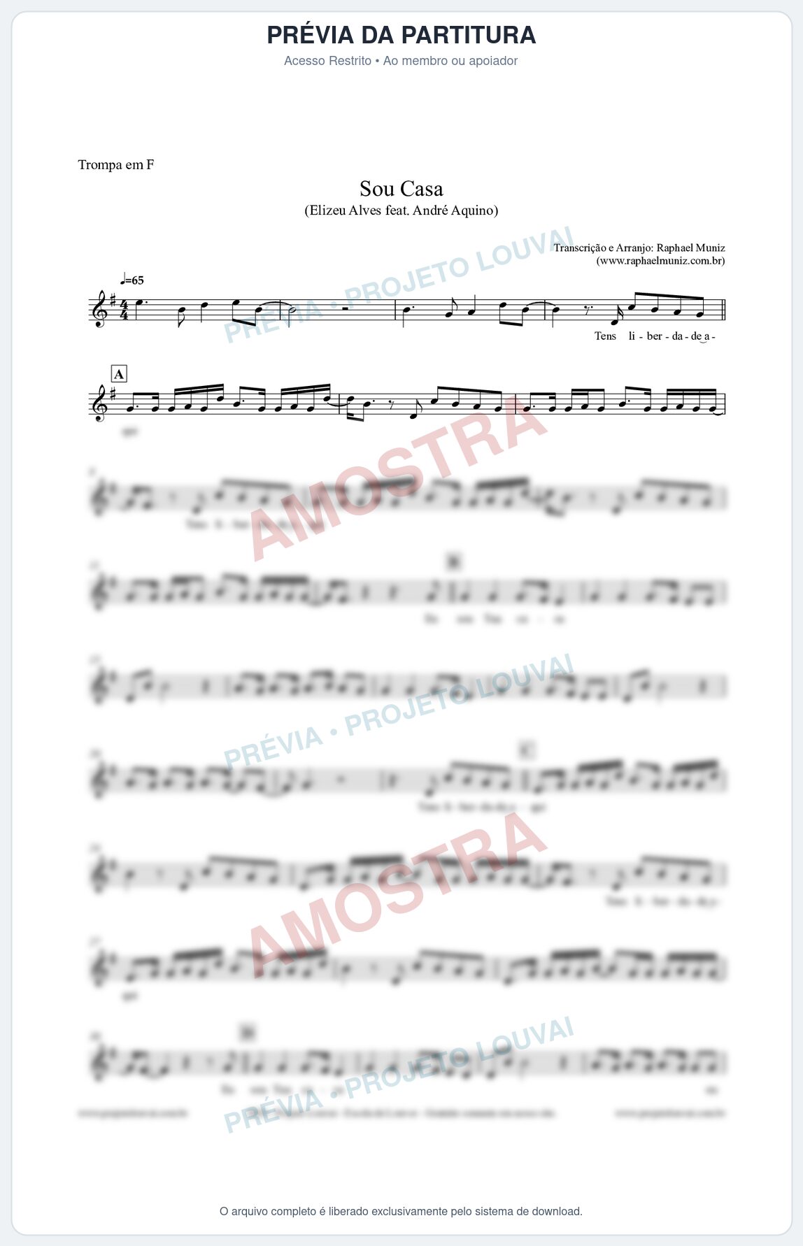 Prévia protegida da primeira página da partitura Partitura para Trompa em F - Sou Casa (Tom C) - Elizeu Alves feat André Aquino