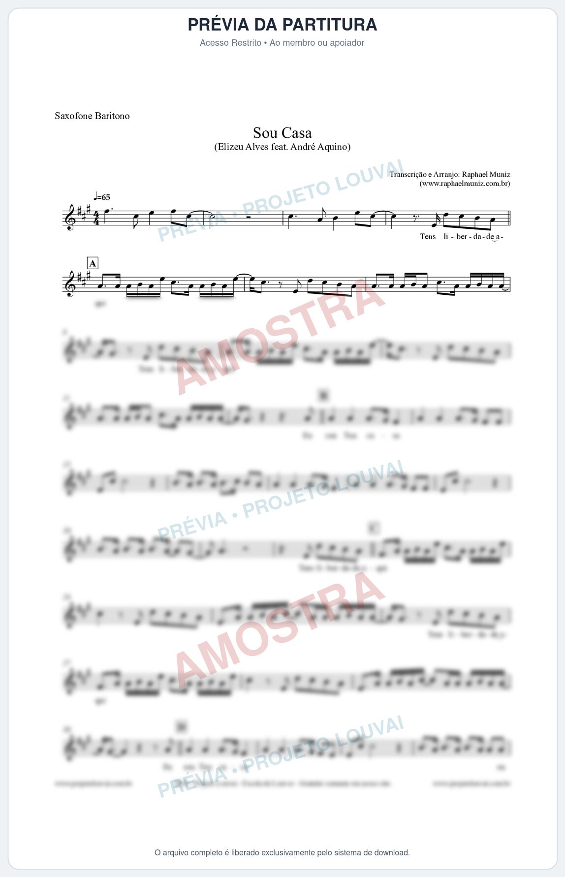 Prévia protegida da primeira página da partitura Partitura para Saxofone Barítono - Sou Casa (Tom C) - Elizeu Alves feat André Aquino