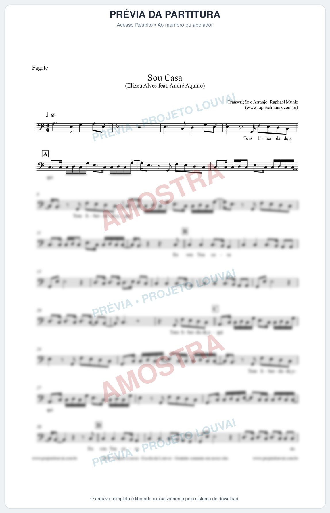 Prévia protegida da primeira página da partitura Partitura para Fagote - Sou Casa (Tom C) - Elizeu Alves feat André Aquino
