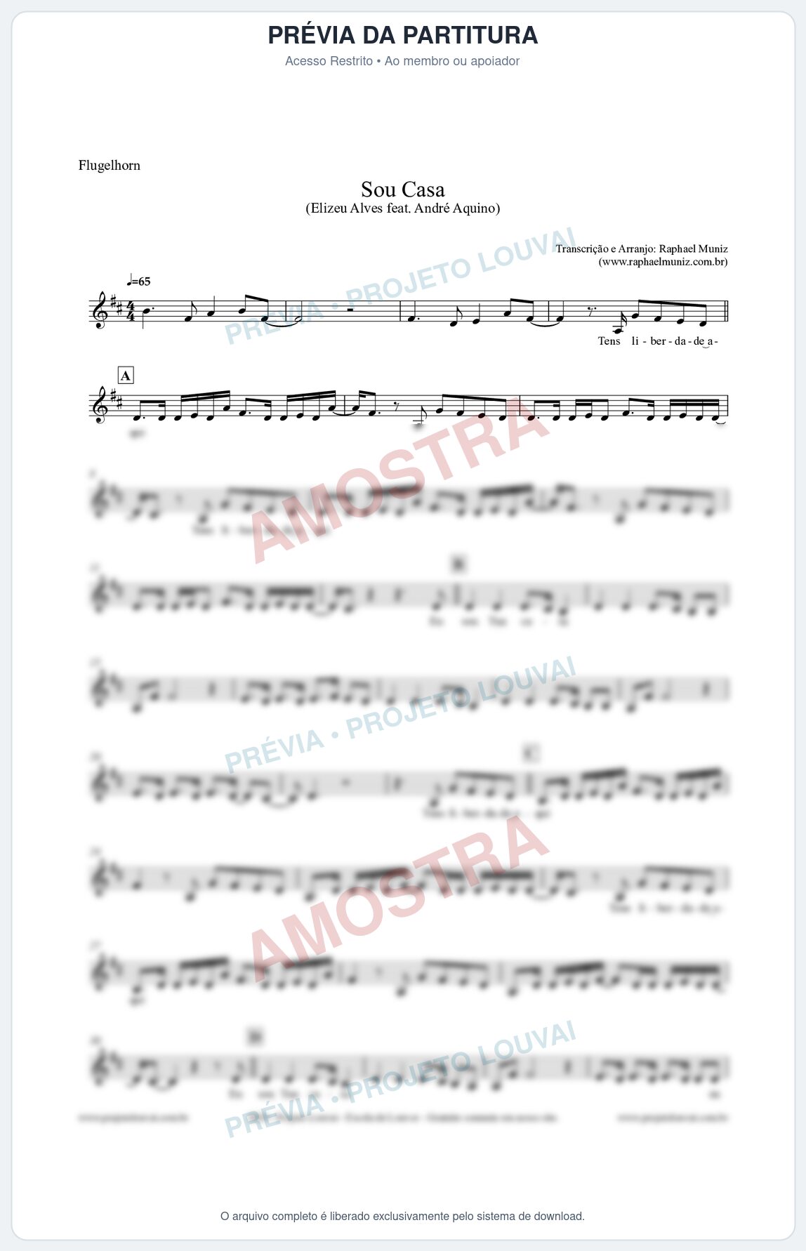 Prévia protegida da primeira página da partitura Partitura para Flugelhorn - Sou Casa (Tom C) - Elizeu Alves feat André Aquino