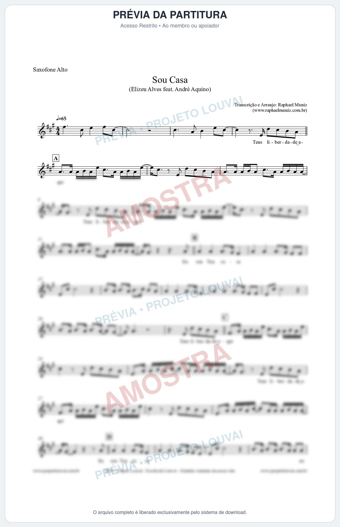 Prévia protegida da primeira página da partitura Partitura para Saxofone Alto - Sou Casa (Tom C) - Elizeu Alves feat André Aquino