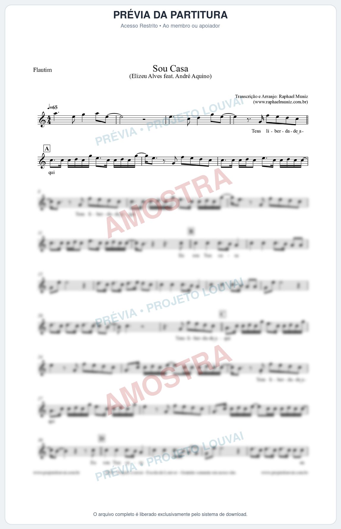 Prévia protegida da primeira página da partitura Partitura para Flautim - Sou Casa (Tom C) - Elizeu Alves feat André Aquino