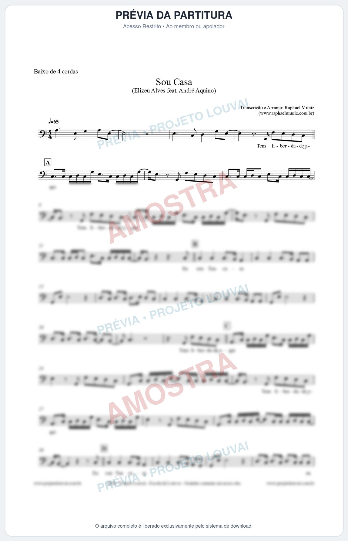 Prévia protegida da primeira página da partitura Partitura para Baixo de 4 cordas - Sou Casa (Tom C) - Elizeu Alves feat André Aquino