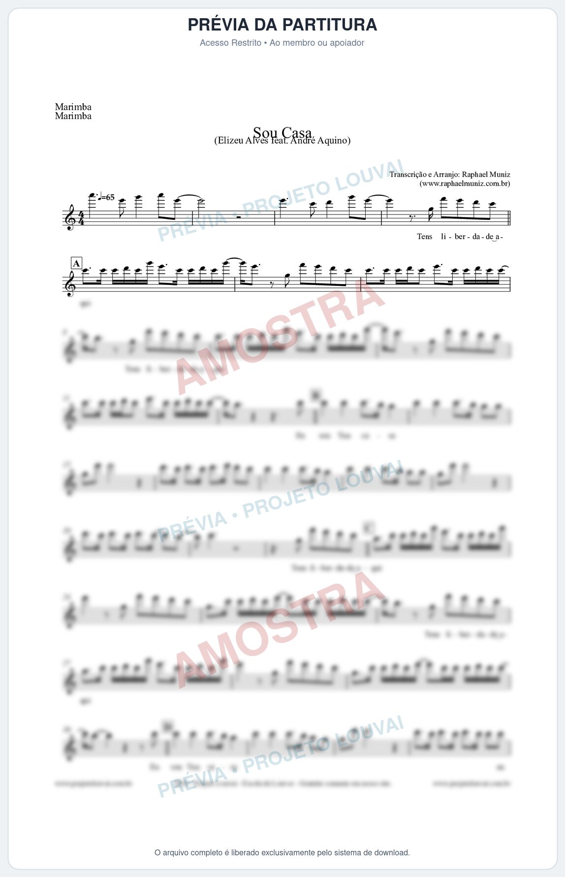 Prévia protegida da primeira página da partitura Partitura para Marimba - Sou Casa (Tom C) - Elizeu Alves feat André Aquino