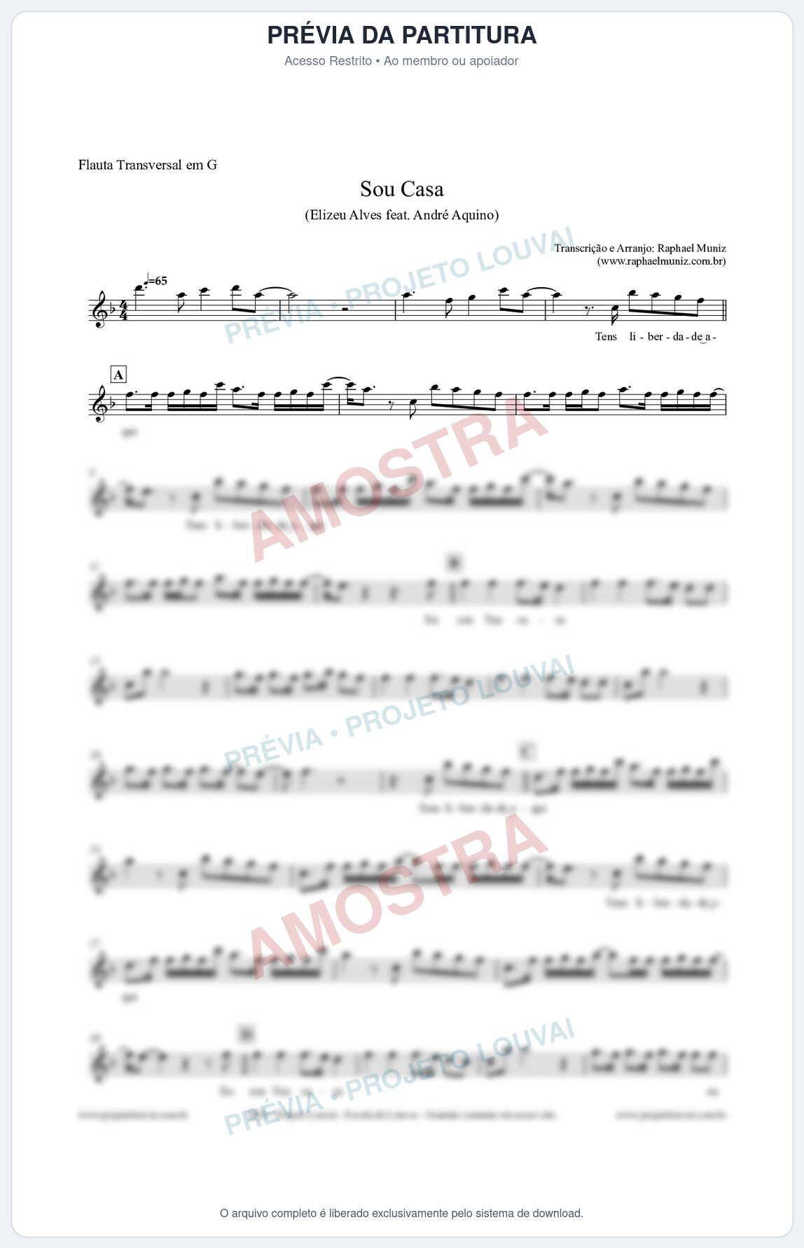 Prévia protegida da primeira página da partitura Partitura para Flauta Transversal em G - Sou Casa (Tom C) - Elizeu Alves feat André Aquino