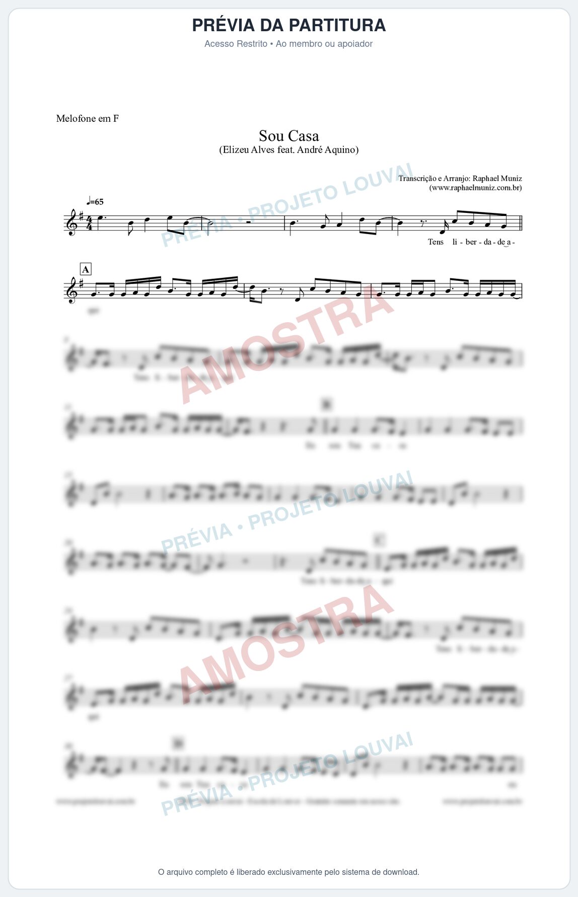 Prévia protegida da primeira página da partitura Partitura para Melofone em F - Sou Casa (Tom C) - Elizeu Alves feat André Aquino
