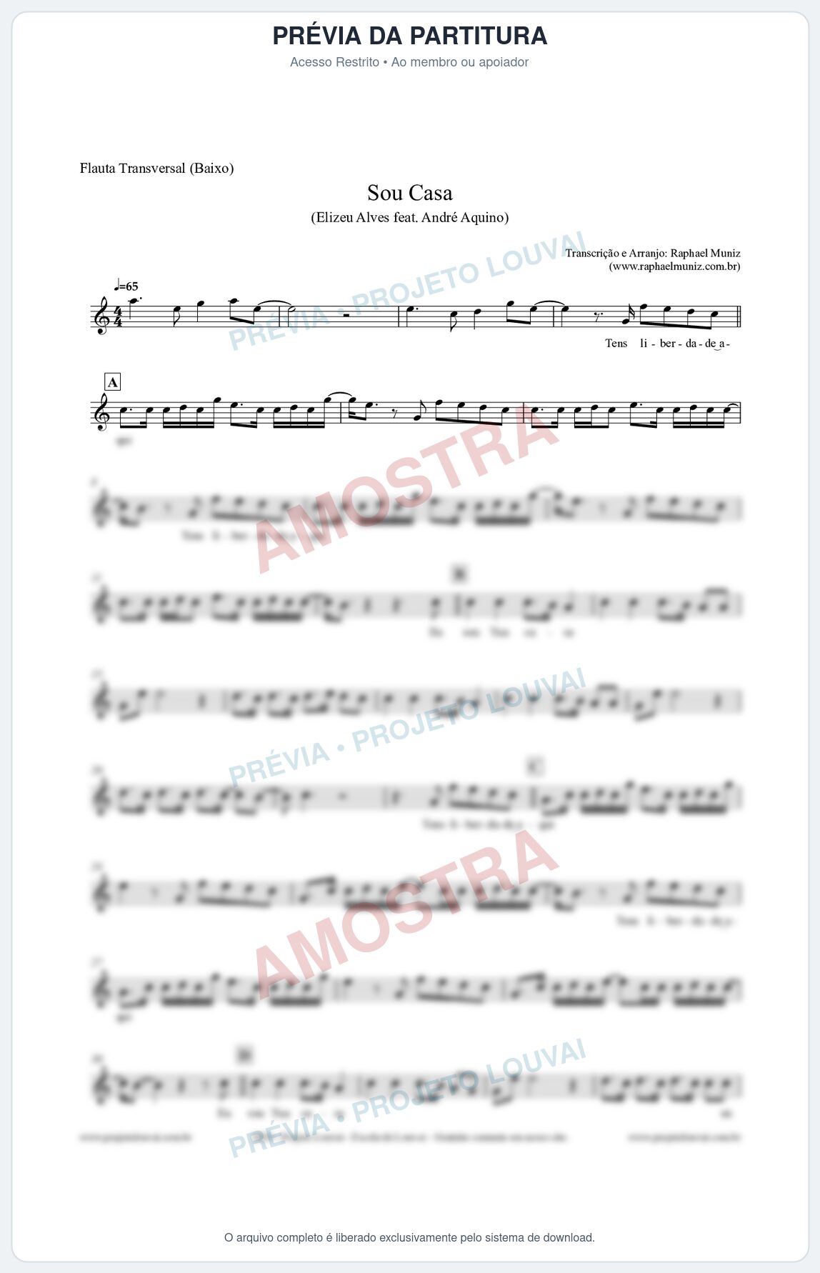 Prévia protegida da primeira página da partitura Partitura para Flauta Transversal (Baixo) - Sou Casa (Tom C) - Elizeu Alves feat André Aquino