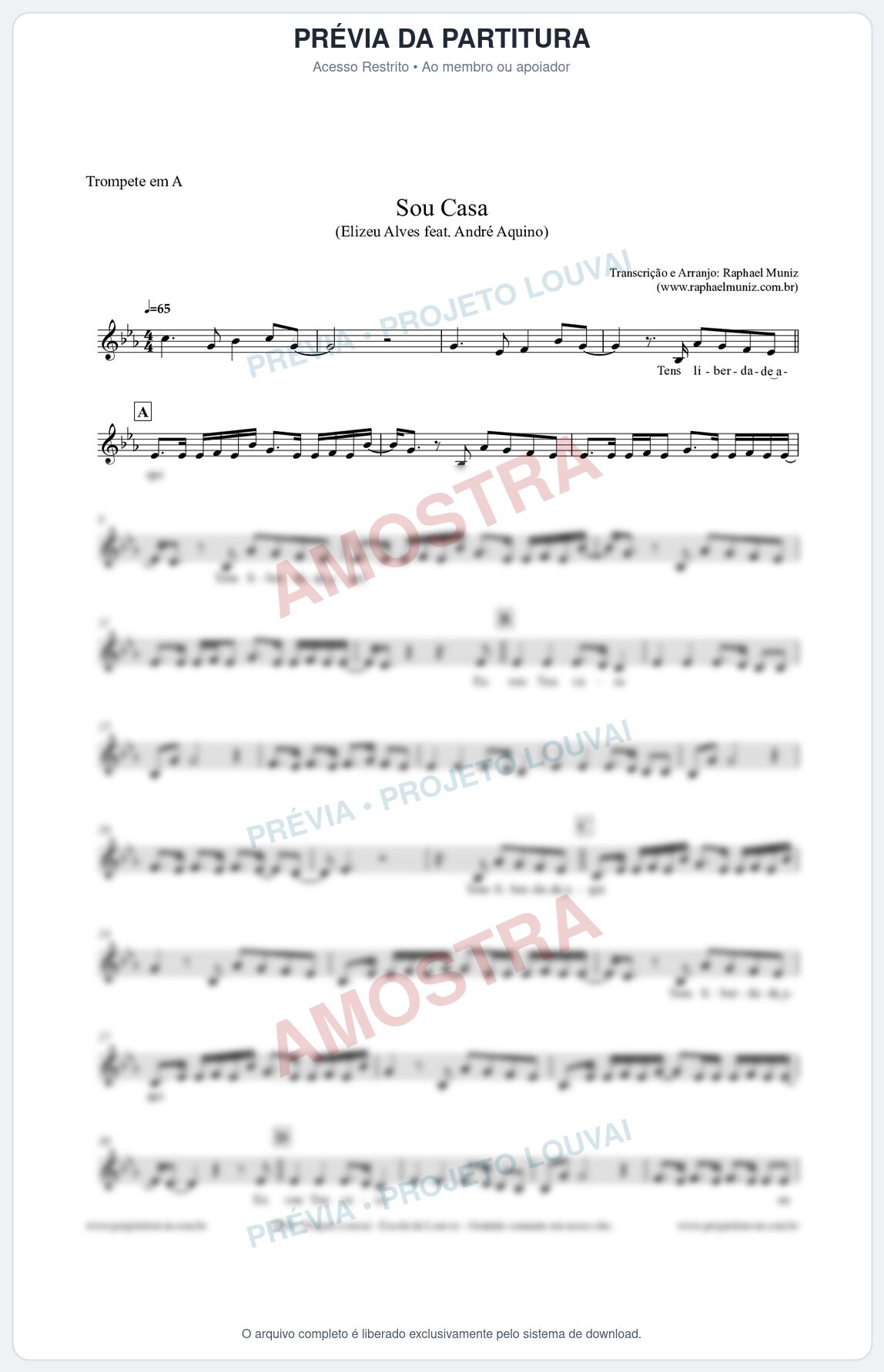 Prévia protegida da primeira página da partitura Partitura para Trompete em A - Sou Casa (Tom C) - Elizeu Alves feat André Aquino
