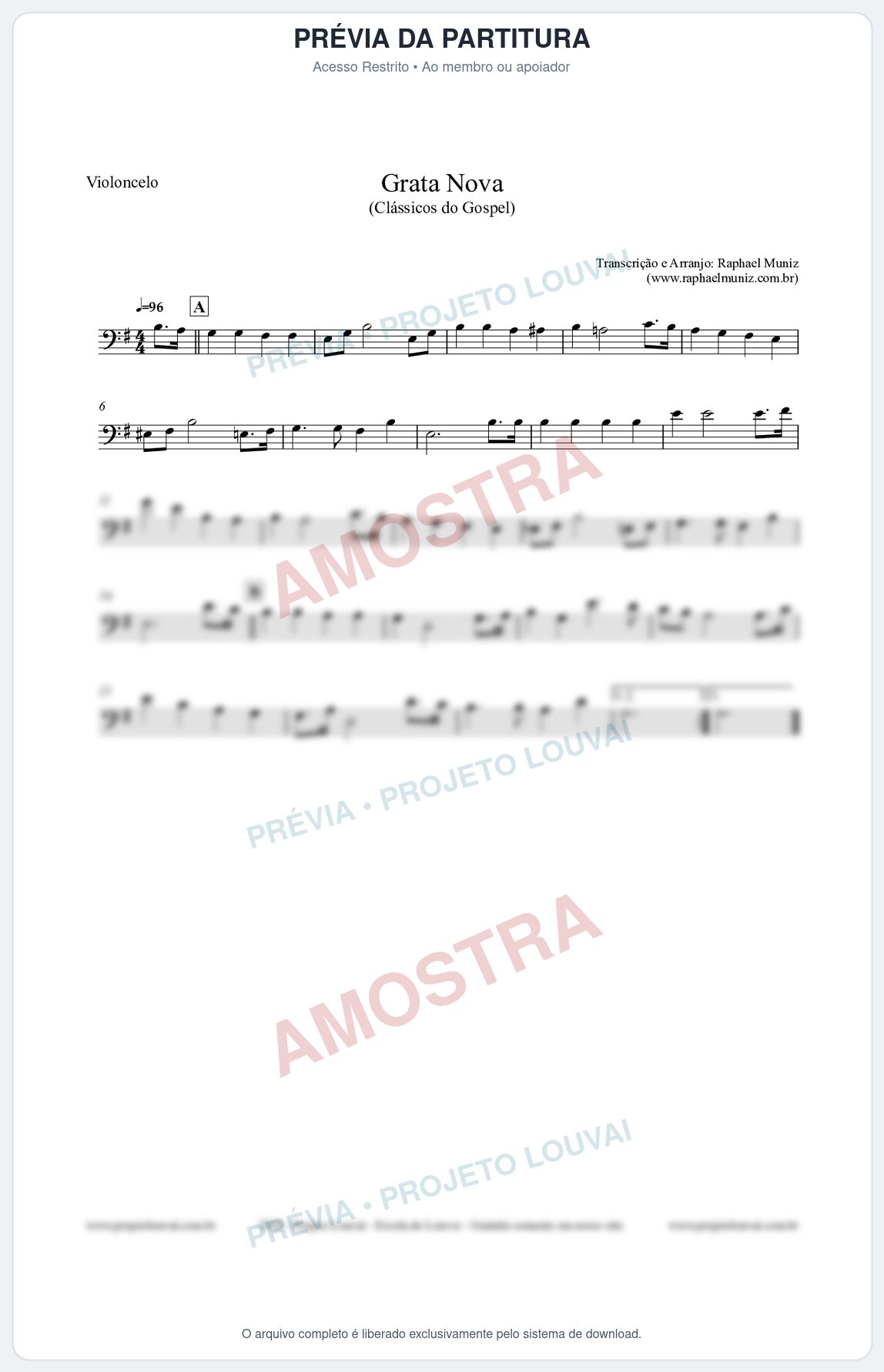 Prévia protegida da primeira página da partitura Partitura para Violoncelo - Grata Nova - Harpa Cristã 18 (Tom Em) - Clássicos do Gospel