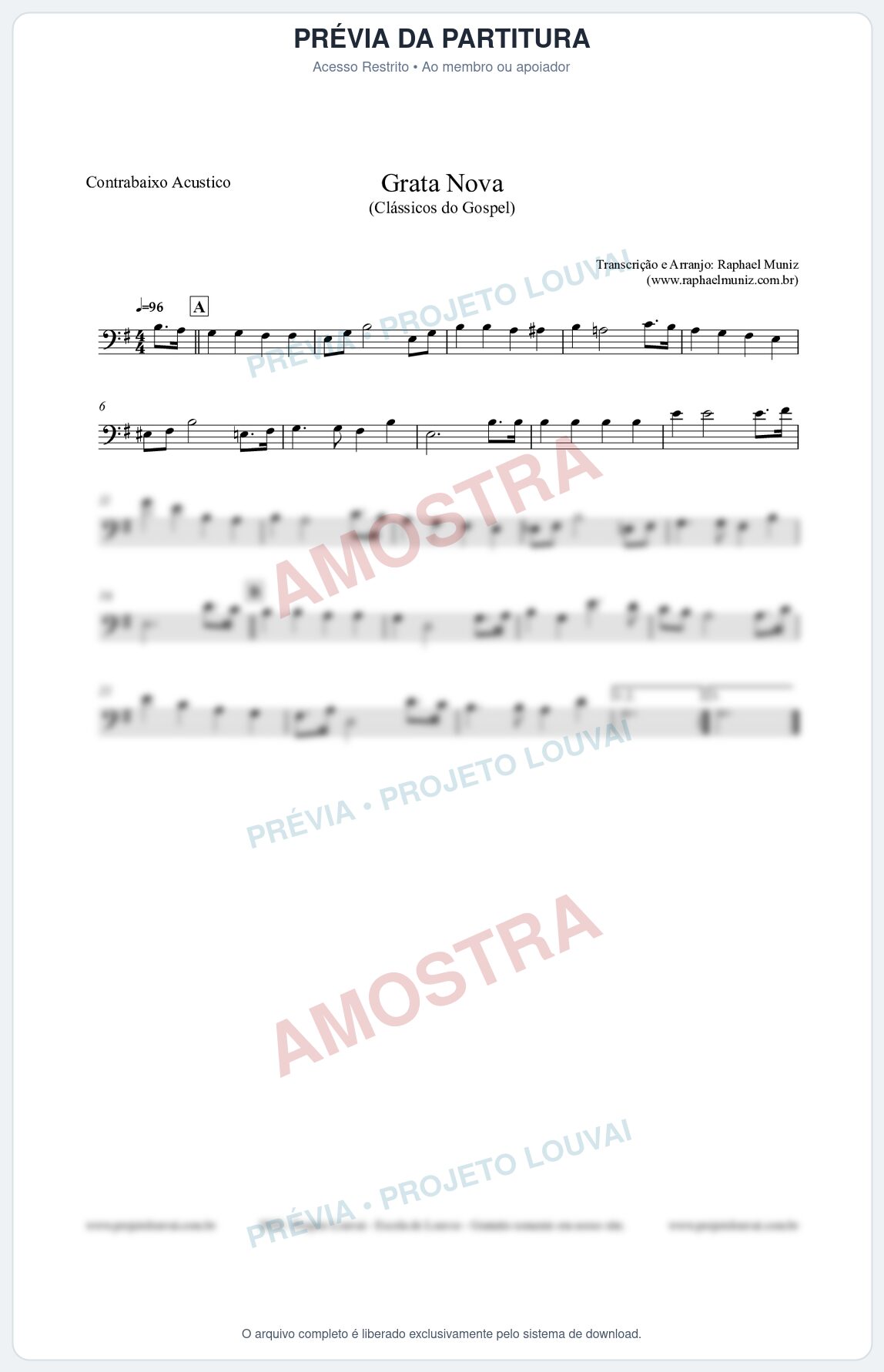 Prévia protegida da primeira página da partitura Partitura para Contrabaixo Acústico - Grata Nova - Harpa Cristã 18 (Tom Em) - Clássicos do Gospel