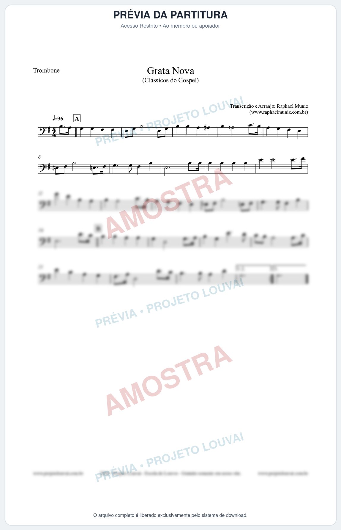 Prévia protegida da primeira página da partitura Partitura para Trombone - Grata Nova - Harpa Cristã 18 (Tom Em) - Clássicos do Gospel