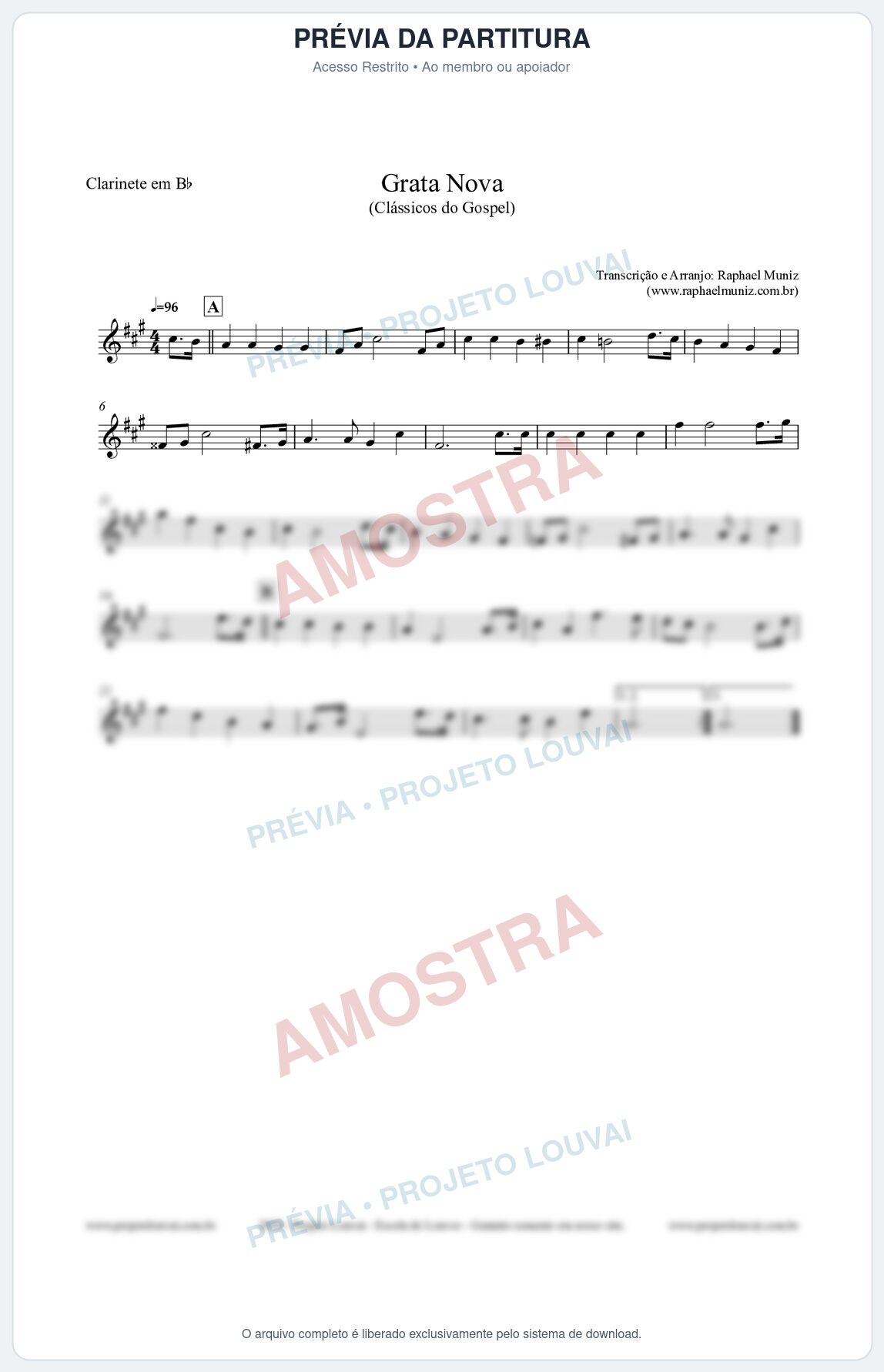 Prévia protegida da primeira página da partitura Partitura para Clarinete em Bb - Grata Nova - Harpa Cristã 18 (Tom Em) - Clássicos do Gospel