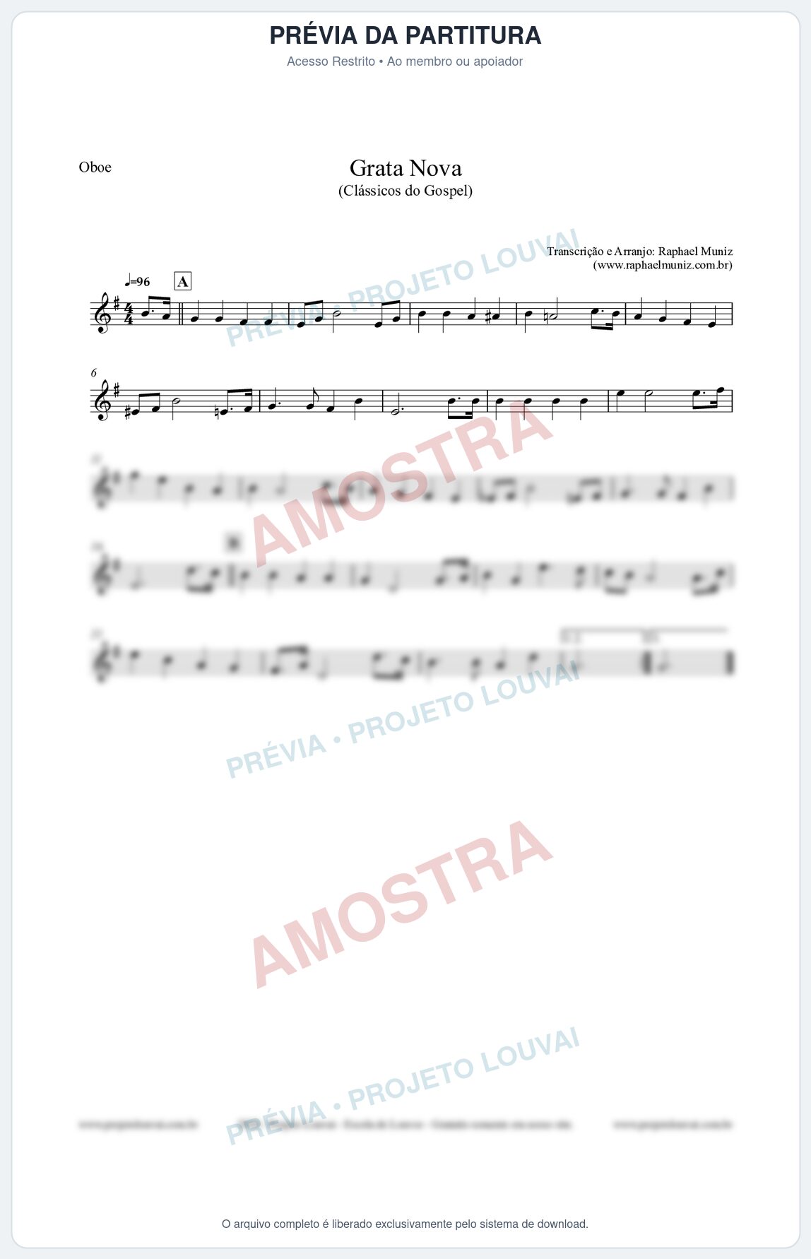 Prévia protegida da primeira página da partitura Partitura para Oboé - Grata Nova - Harpa Cristã 18 (Tom Em) - Clássicos do Gospel