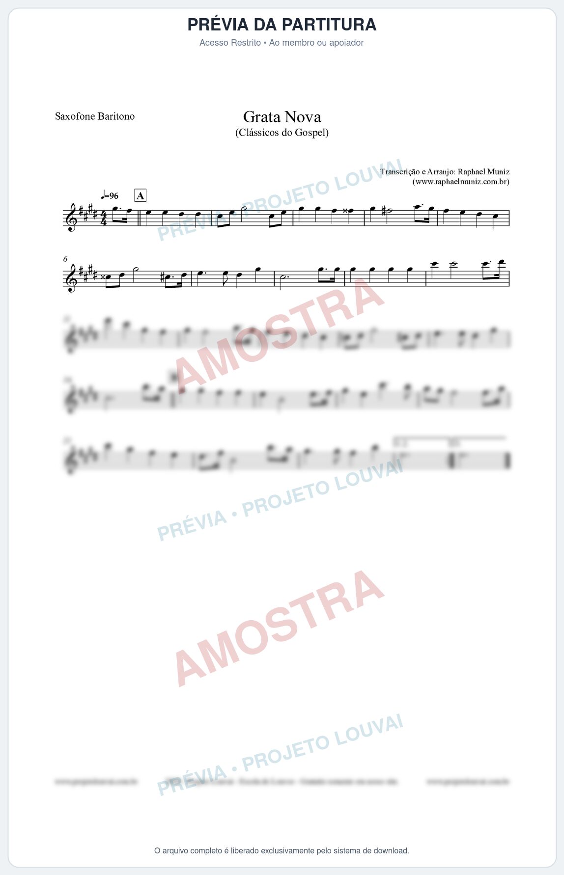 Prévia protegida da primeira página da partitura Partitura para Saxofone Barítono - Grata Nova - Harpa Cristã 18 (Tom Em) - Clássicos do Gospel