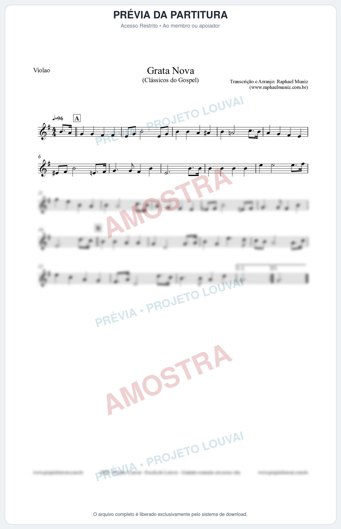 Prévia protegida da primeira página da partitura Partitura para Violão - Grata Nova - Harpa Cristã 18 (Tom Em) - Clássicos do Gospel