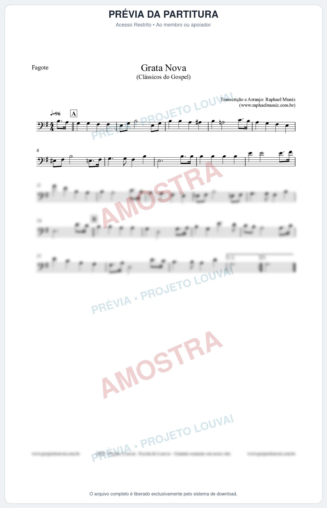 Prévia protegida da primeira página da partitura Partitura para Fagote - Grata Nova - Harpa Cristã 18 (Tom Em) - Clássicos do Gospel