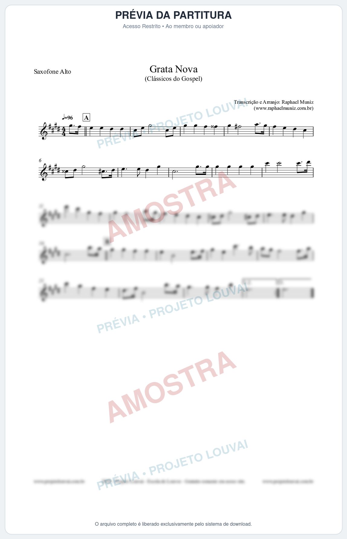 Prévia protegida da primeira página da partitura Partitura para Saxofone Alto - Grata Nova - Harpa Cristã 18 (Tom Em) - Clássicos do Gospel
