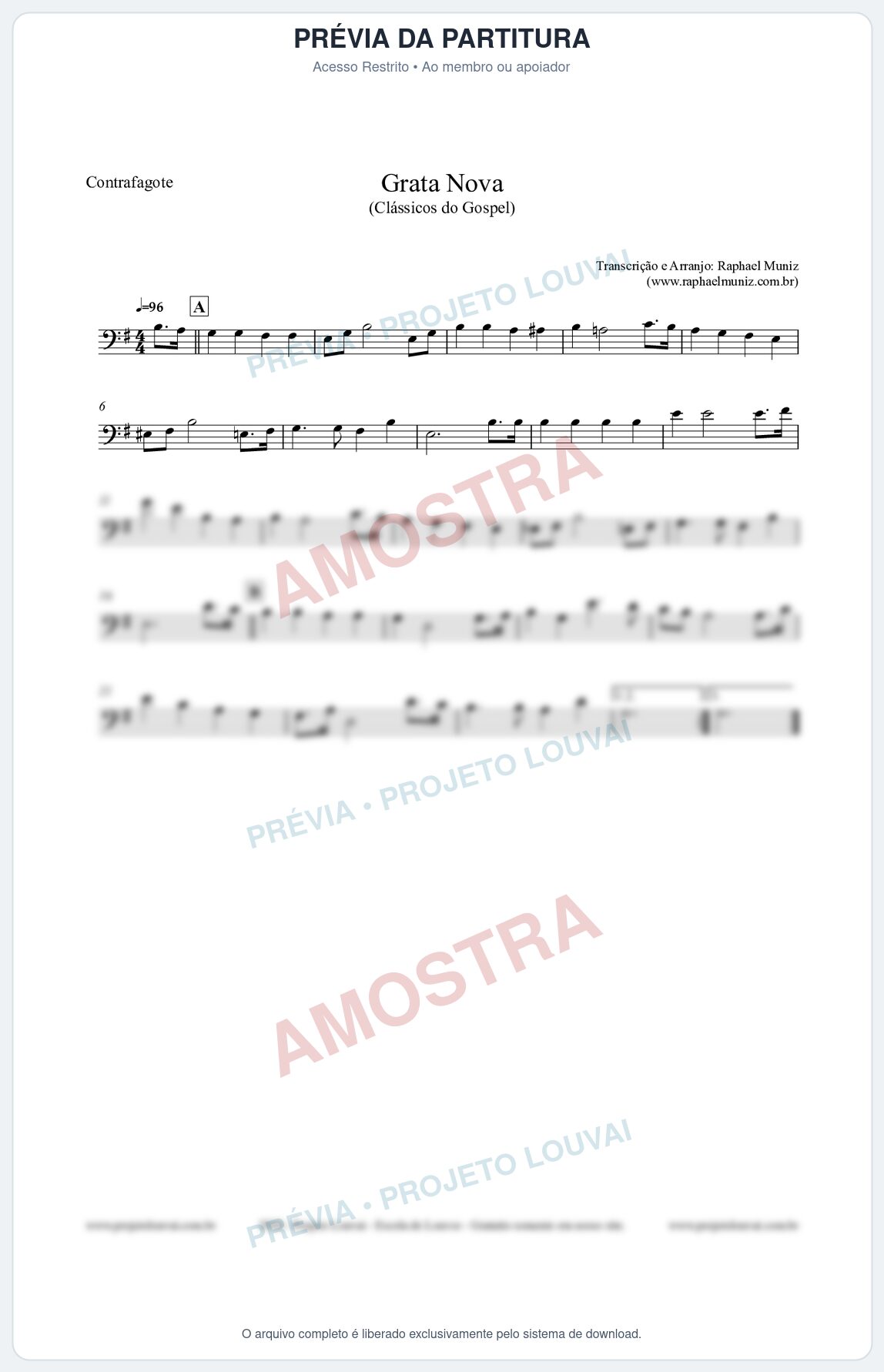 Prévia protegida da primeira página da partitura Partitura para Contrafagote - Grata Nova - Harpa Cristã 18 (Tom Em) - Clássicos do Gospel