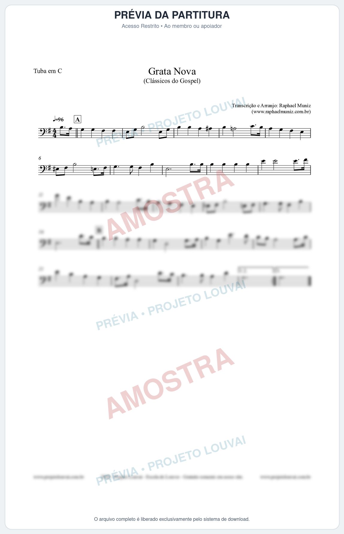 Prévia protegida da primeira página da partitura Partitura para Tuba em C - Grata Nova - Harpa Cristã 18 (Tom Em) - Clássicos do Gospel