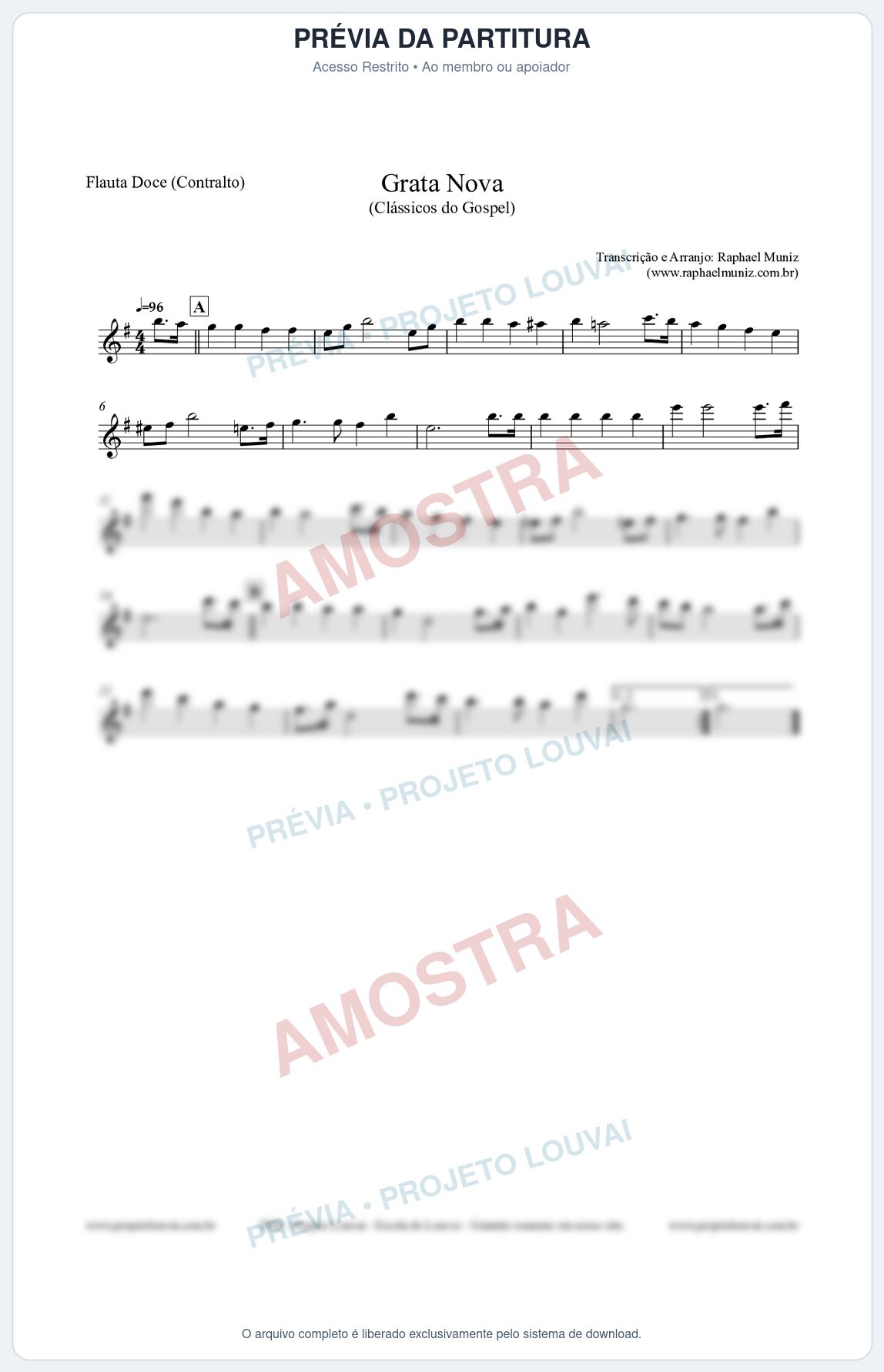 Prévia protegida da primeira página da partitura Partitura para Flauta Doce (Contralto) - Grata Nova - Harpa Cristã 18 (Tom Em) - Clássicos do Gospel
